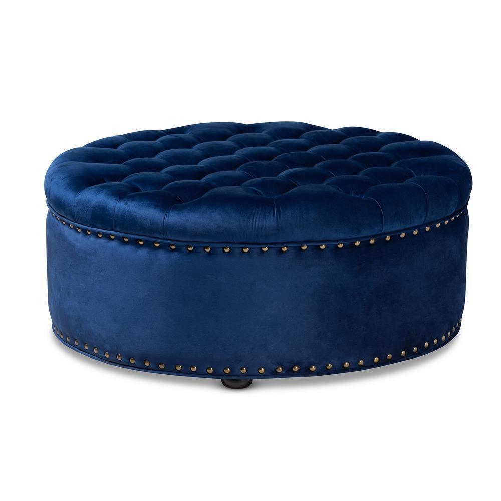 Iglehart Modern and Contemporary Royal Blue Velvet Fabric Upholstered Tufted Cocktail Ottoman FredCo