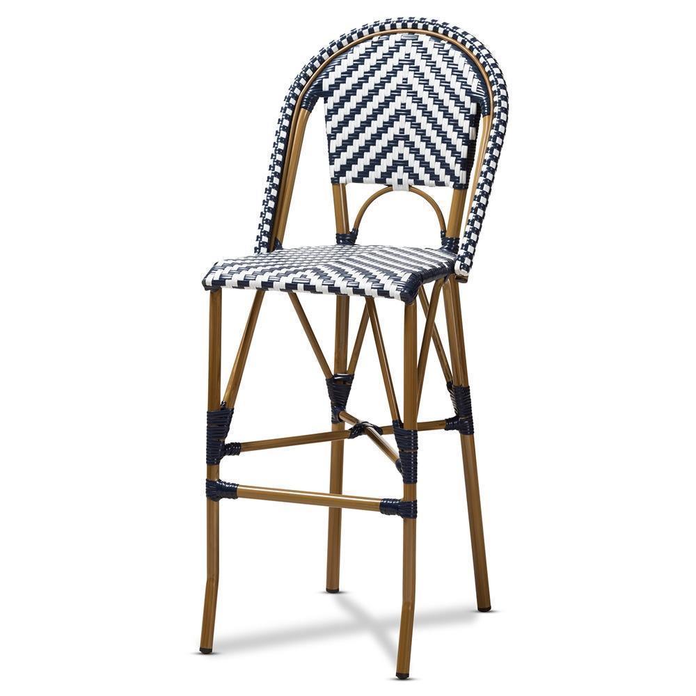 Ilene Classic French Indoor and Outdoor White and Blue Bamboo Style Stackable Bistro Bar Stool FredCo