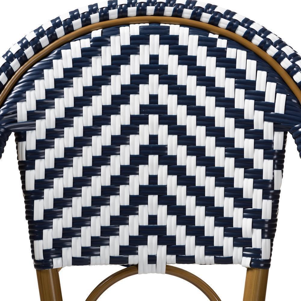 Ilene Classic French Indoor and Outdoor White and Blue Bamboo Style Stackable Bistro Bar Stool FredCo