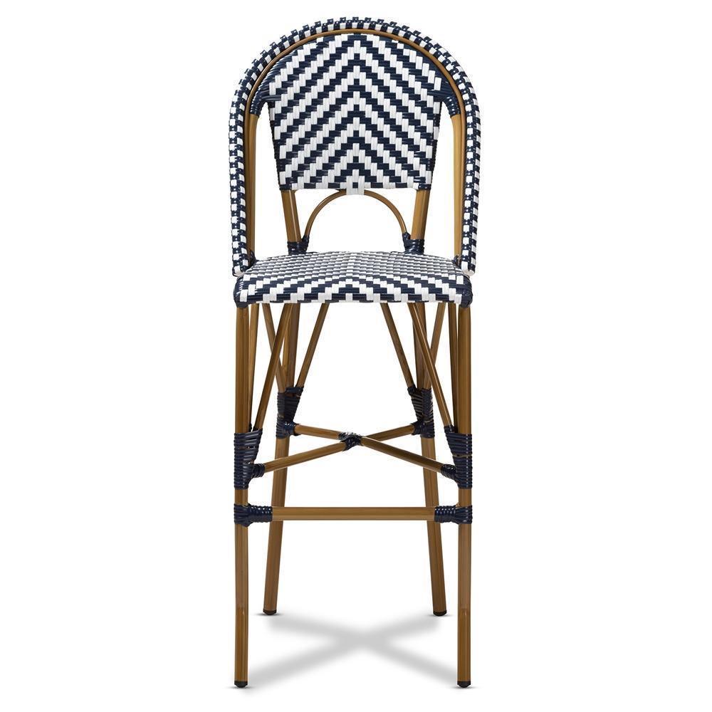 Ilene Classic French Indoor and Outdoor White and Blue Bamboo Style Stackable Bistro Bar Stool FredCo
