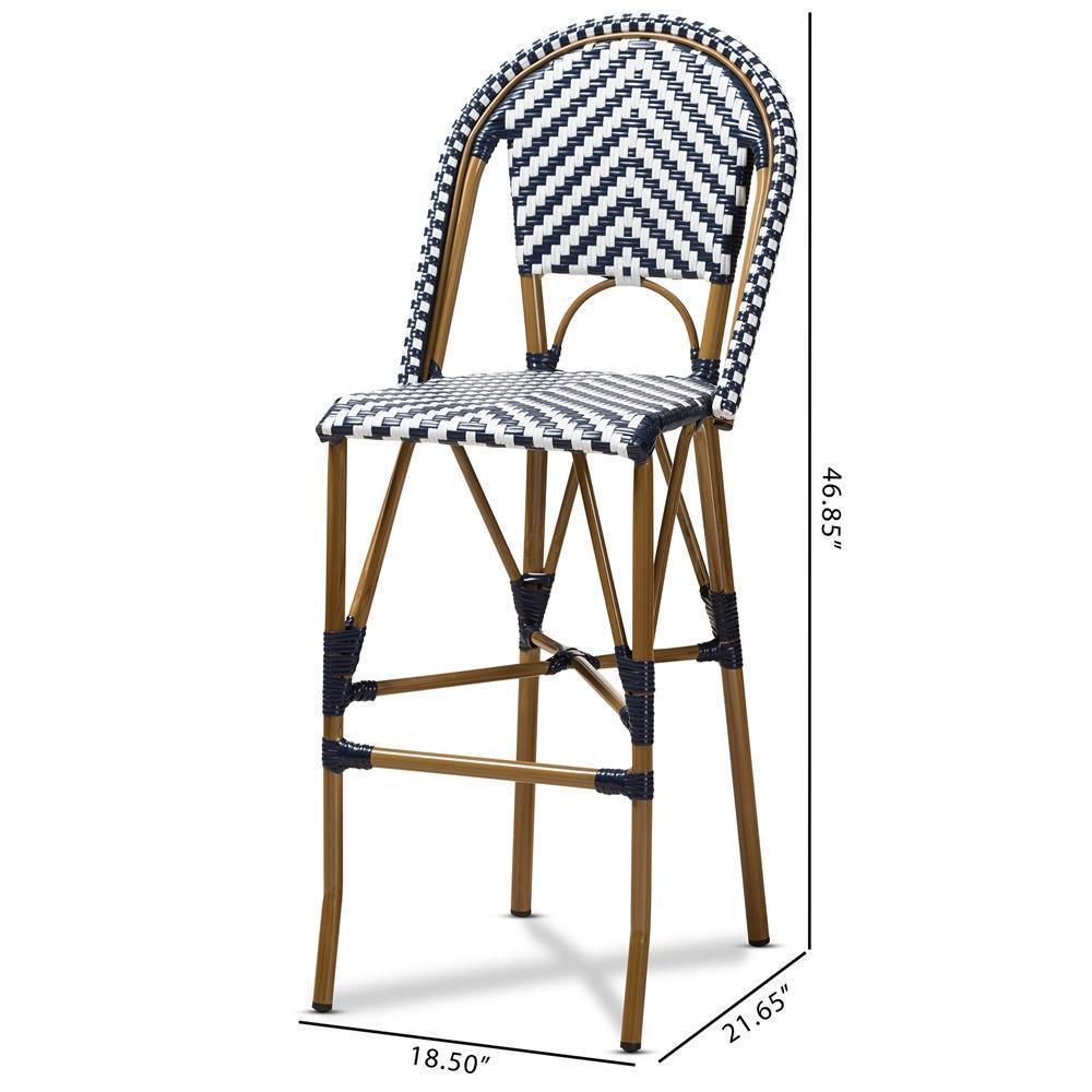 Ilene Classic French Indoor and Outdoor White and Blue Bamboo Style Stackable Bistro Bar Stool FredCo