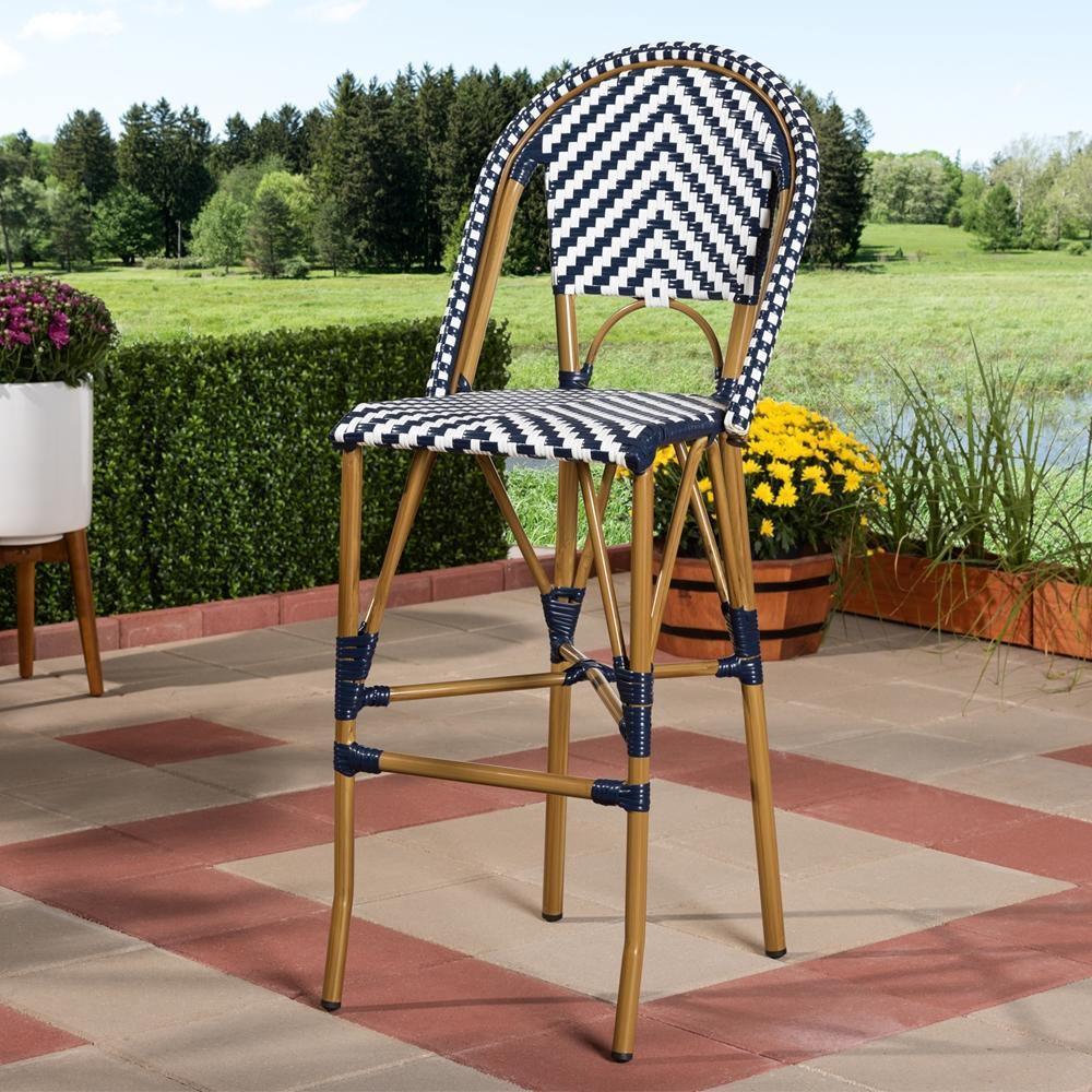 Ilene Classic French Indoor and Outdoor White and Blue Bamboo Style Stackable Bistro Bar Stool FredCo
