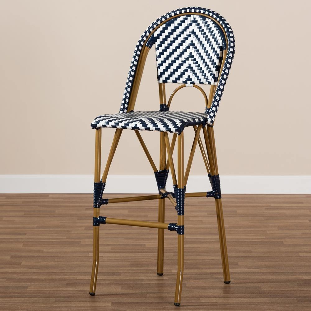 Ilene Classic French Indoor and Outdoor White and Blue Bamboo Style Stackable Bistro Bar Stool FredCo