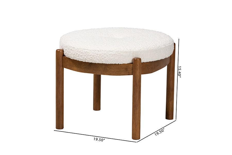 Iliana Japandi Cream Boucle Fabric and Walnut Brown Finished Rubberwood Ottoman Footstool FredCo