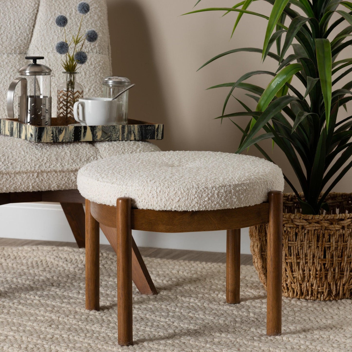 Iliana Japandi Cream Boucle Fabric and Walnut Brown Finished Rubberwood Ottoman Footstool FredCo