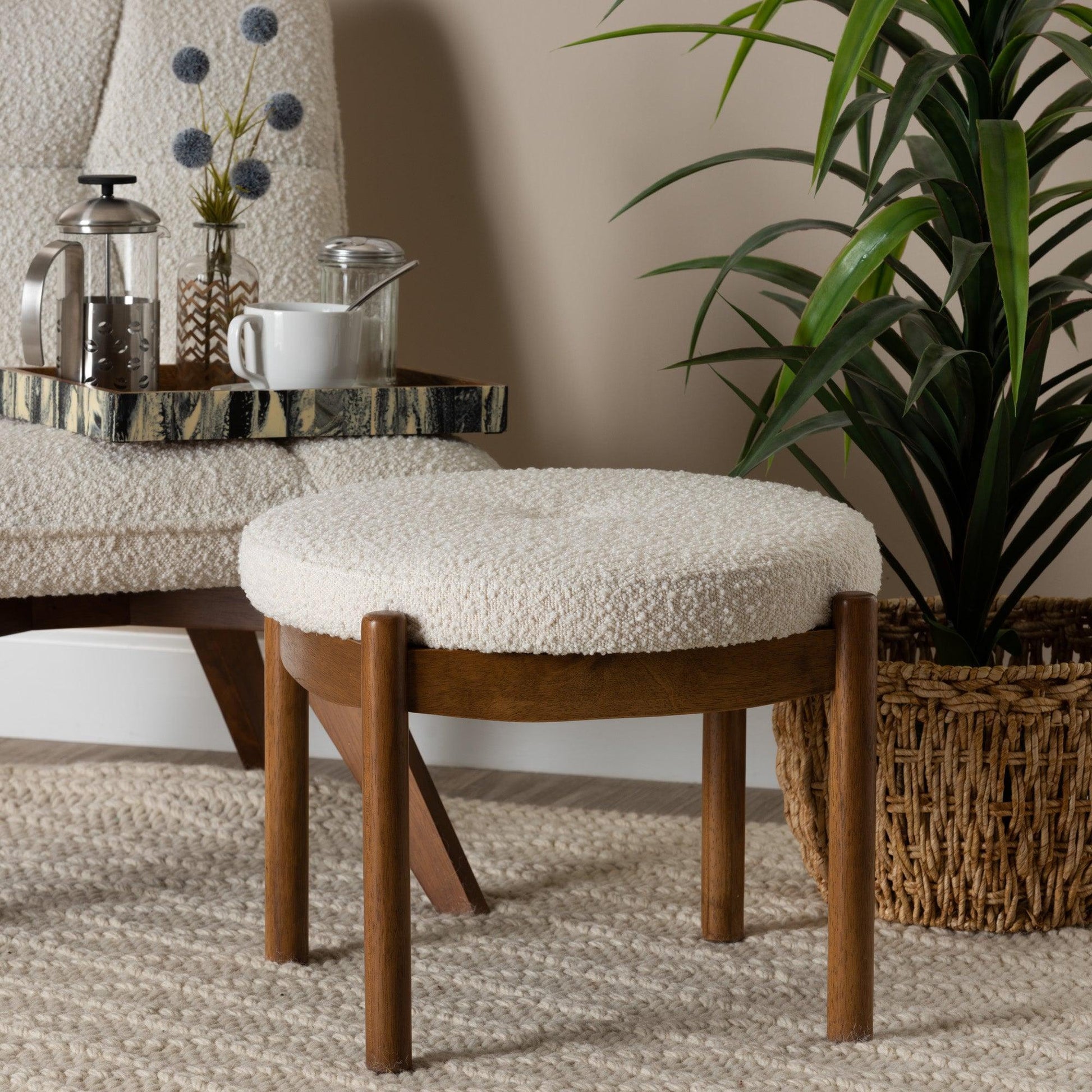 Iliana Japandi Cream Boucle Fabric and Walnut Brown Finished Rubberwood Ottoman Footstool FredCo