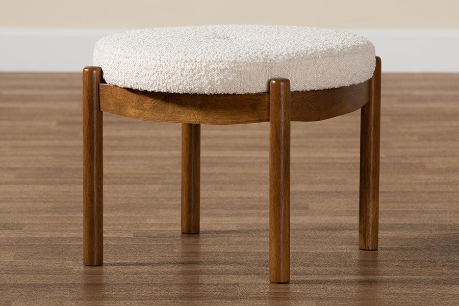 Iliana Japandi Cream Boucle Fabric and Walnut Brown Finished Rubberwood Ottoman Footstool FredCo