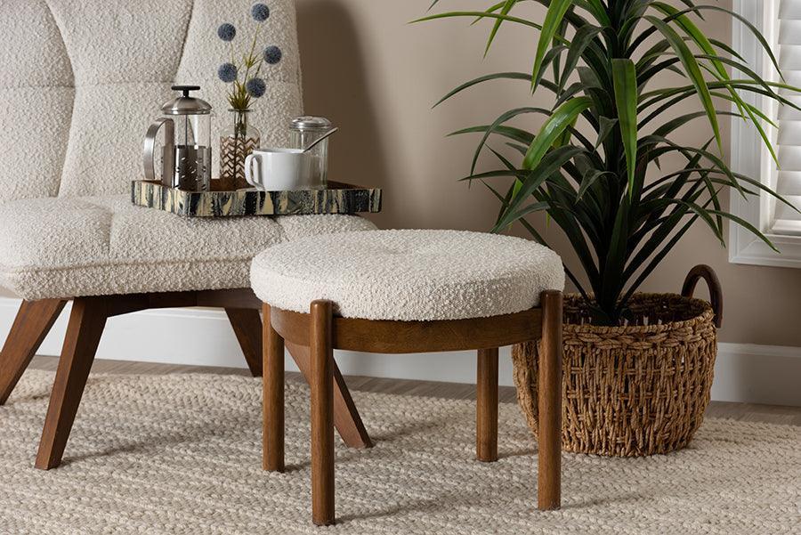 Iliana Japandi Cream Boucle Fabric and Walnut Brown Finished Rubberwood Ottoman Footstool FredCo