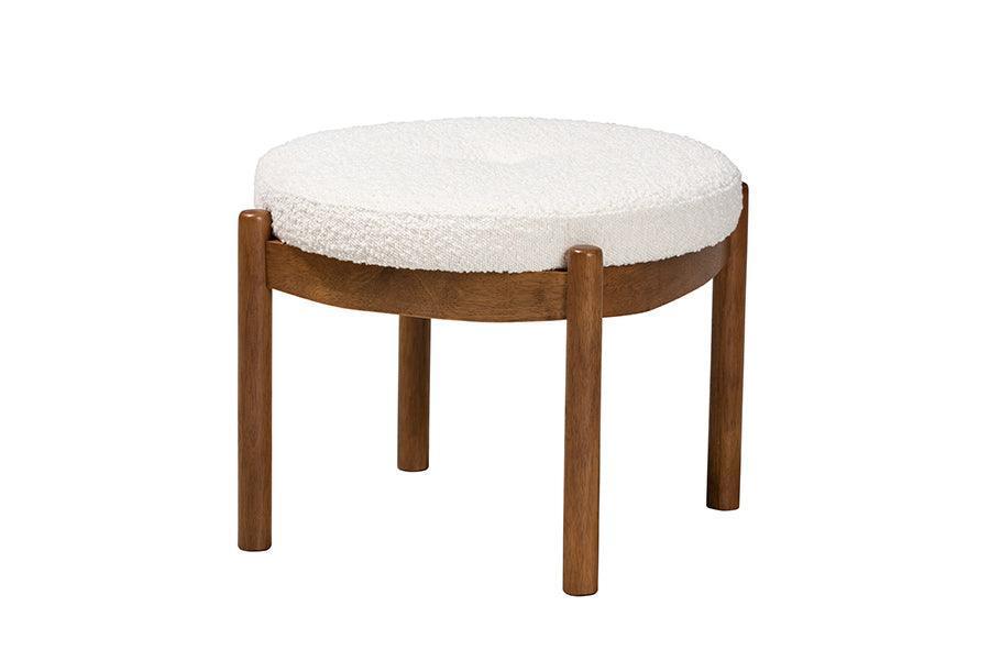 Iliana Japandi Cream Boucle Fabric and Walnut Brown Finished Rubberwood Ottoman Footstool FredCo