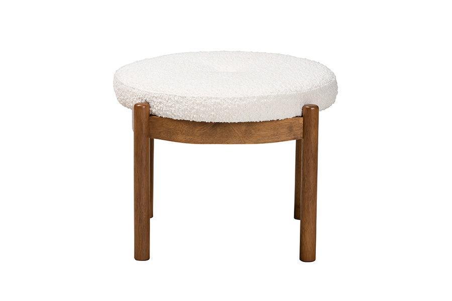Iliana Japandi Cream Boucle Fabric and Walnut Brown Finished Rubberwood Ottoman Footstool FredCo