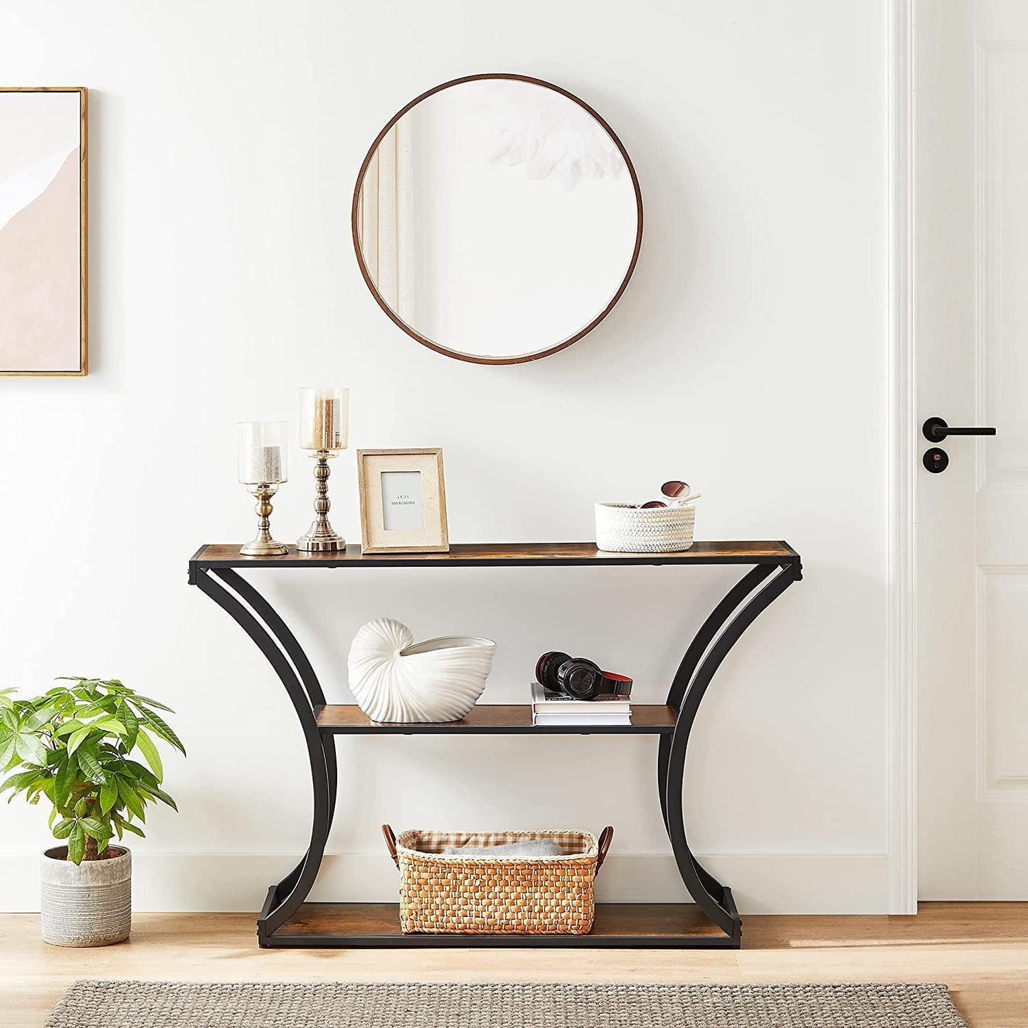 Industrial Brown 3-Tier Console Table with Curved Legs FredCo