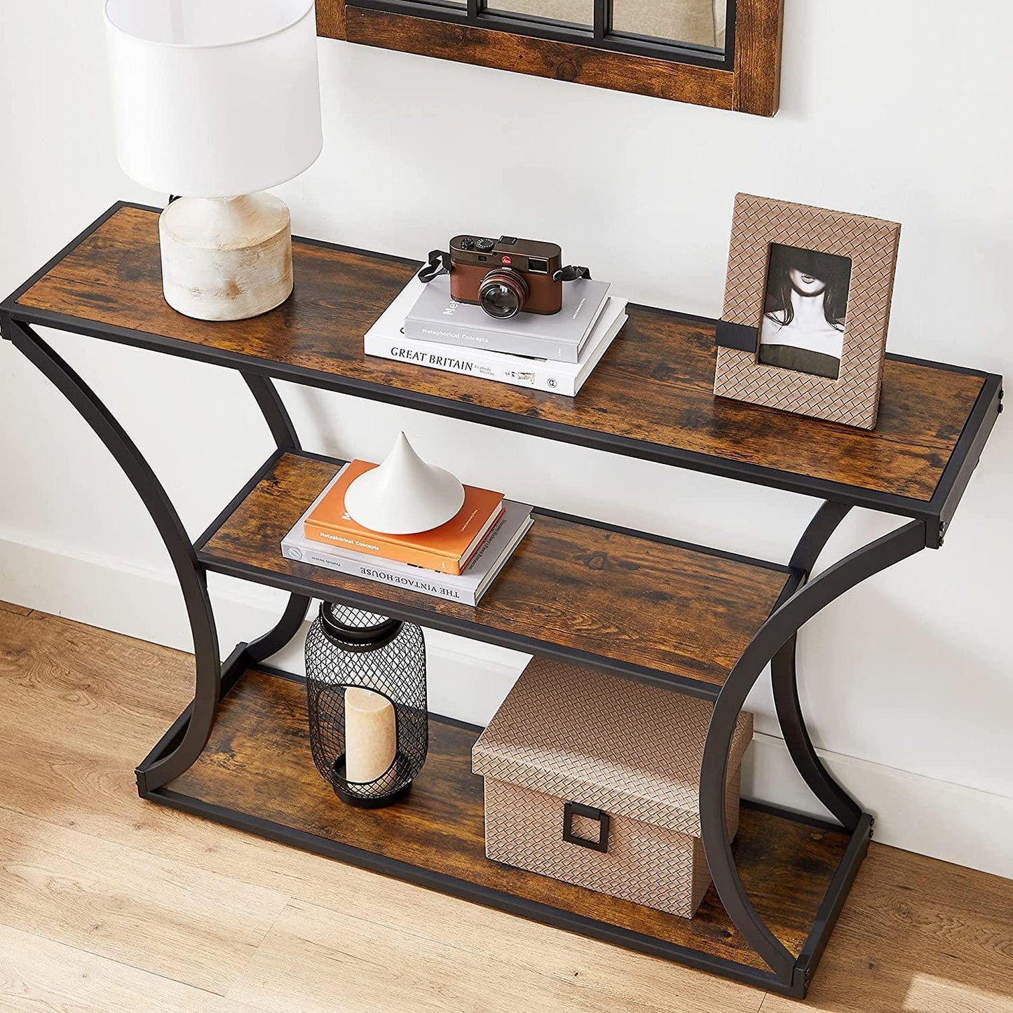 Industrial Brown 3-Tier Console Table with Curved Legs FredCo