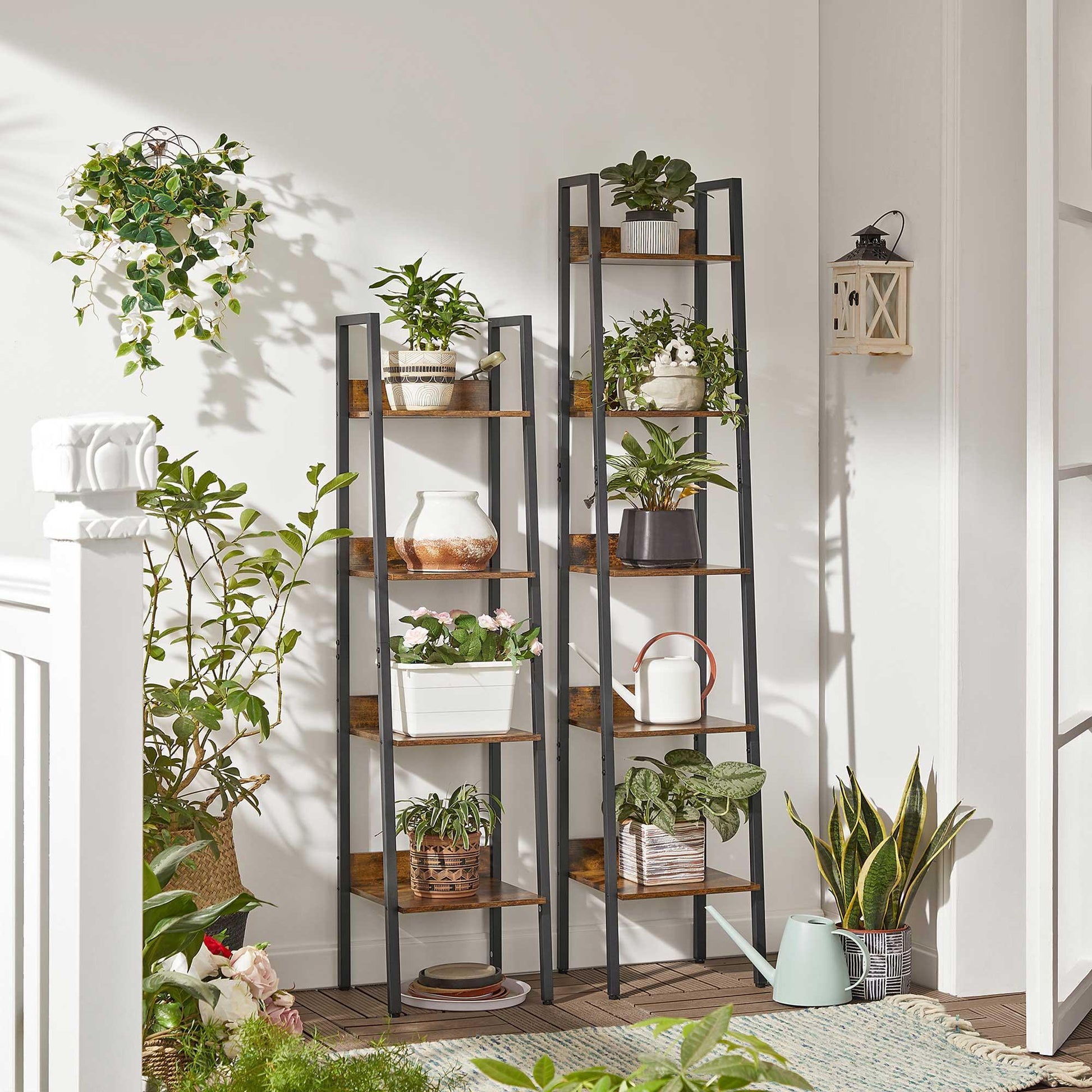 Industrial Brown 4-Tier Slim Ladder Shelves with Metal Frame FredCo