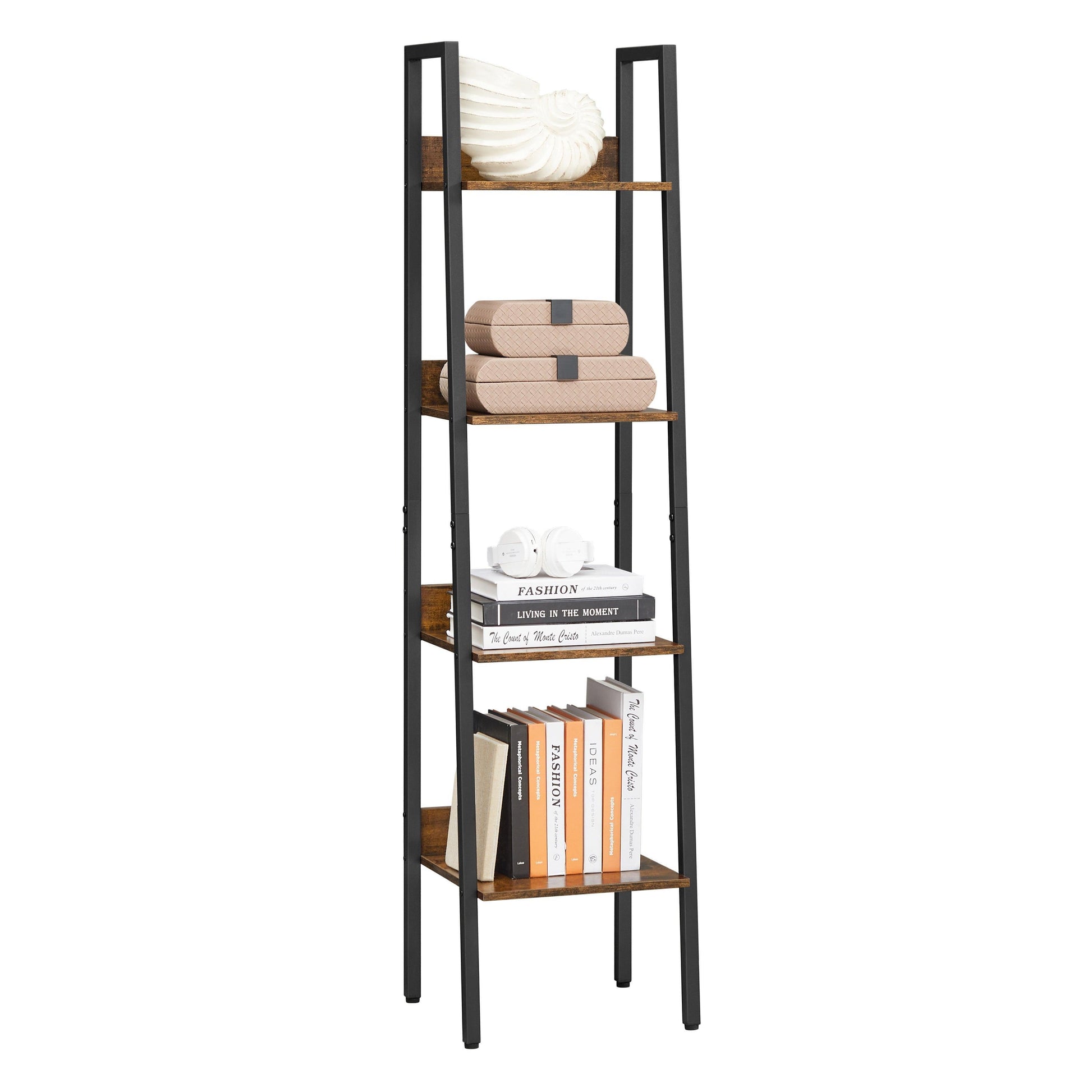 Industrial Brown 4-Tier Slim Ladder Shelves with Metal Frame FredCo
