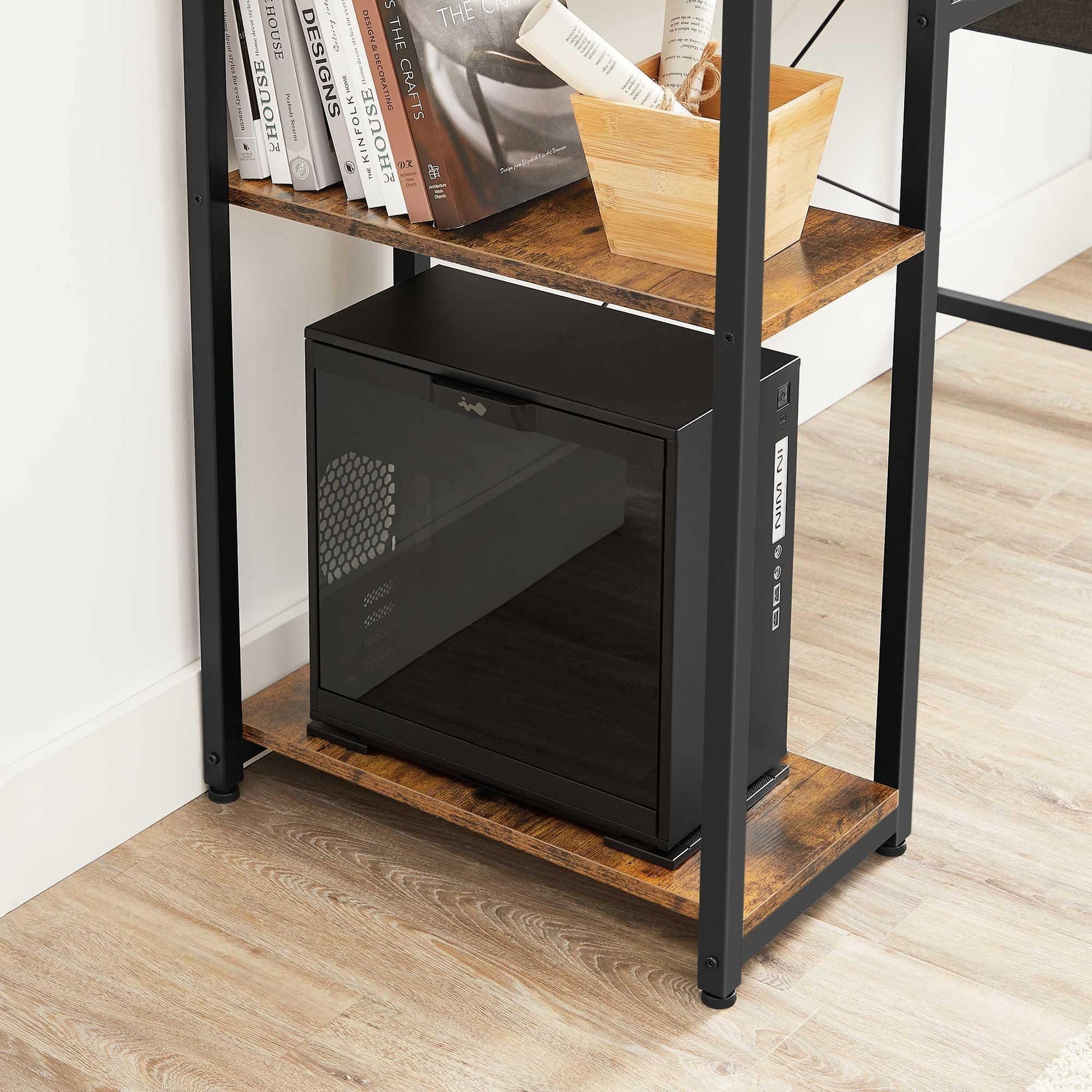 Industrial Brown Computer Desk with Shelves & Storage Bag FredCo