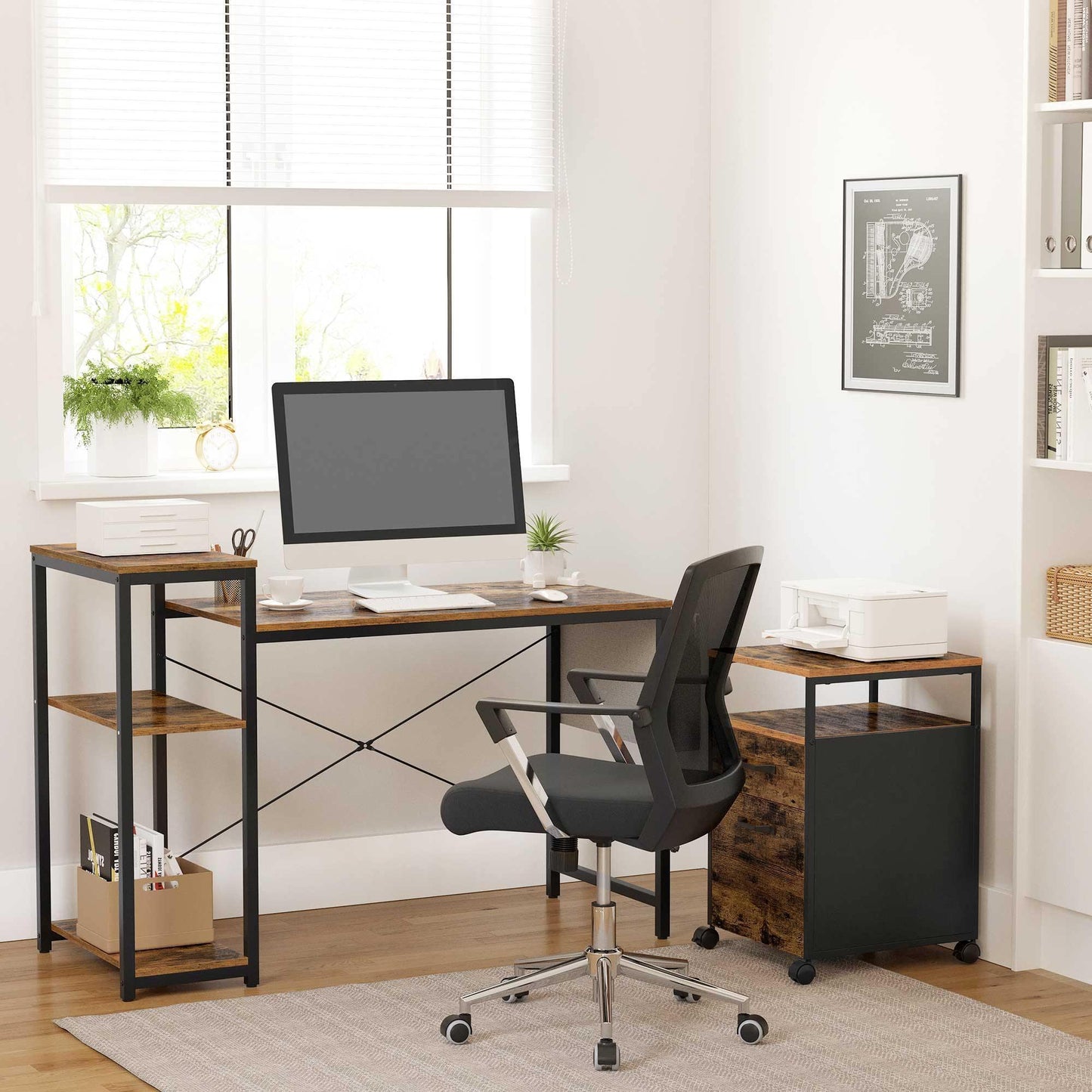 Industrial Brown Computer Desk with Shelves & Storage Bag FredCo