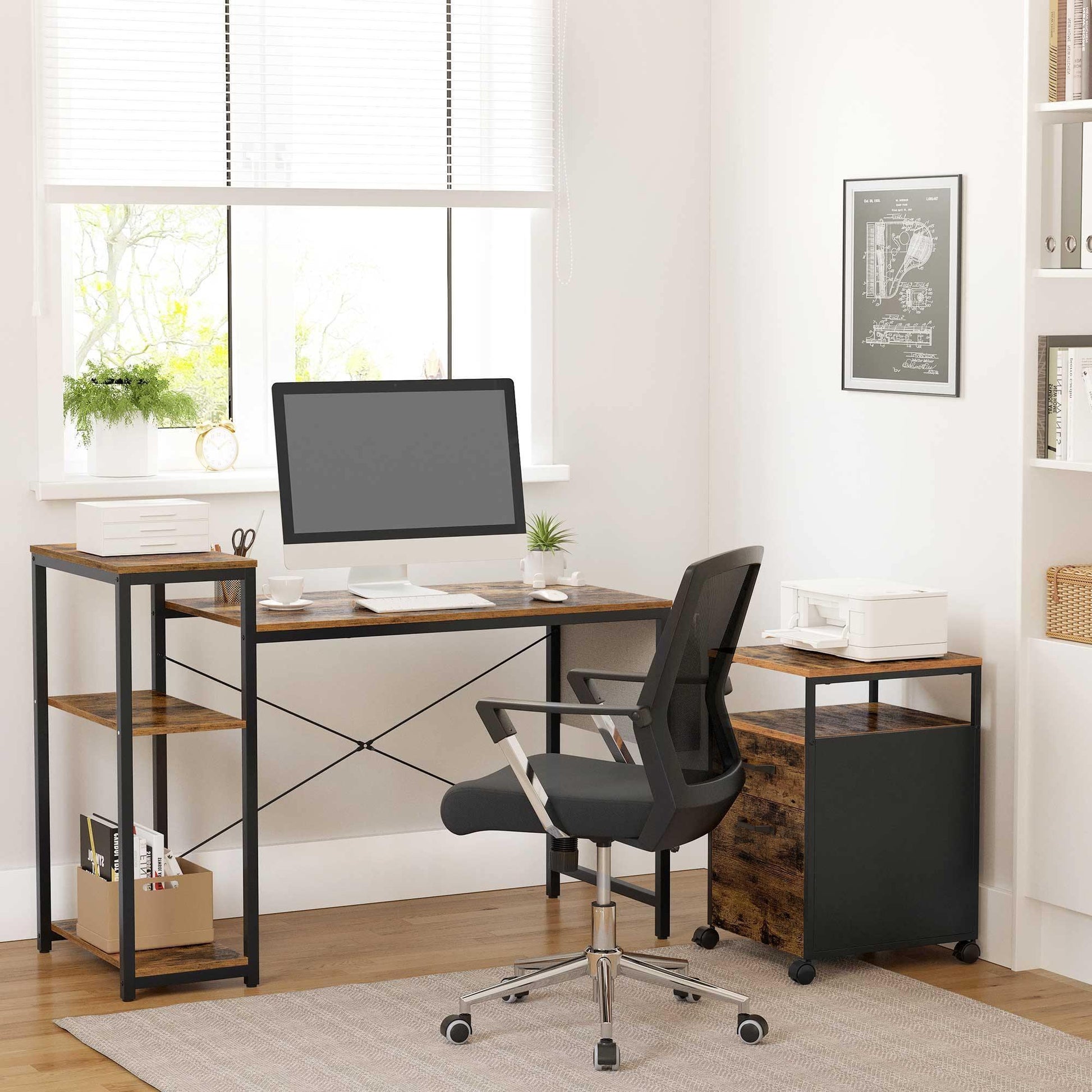 Industrial Brown Computer Desk with Shelves & Storage Bag FredCo