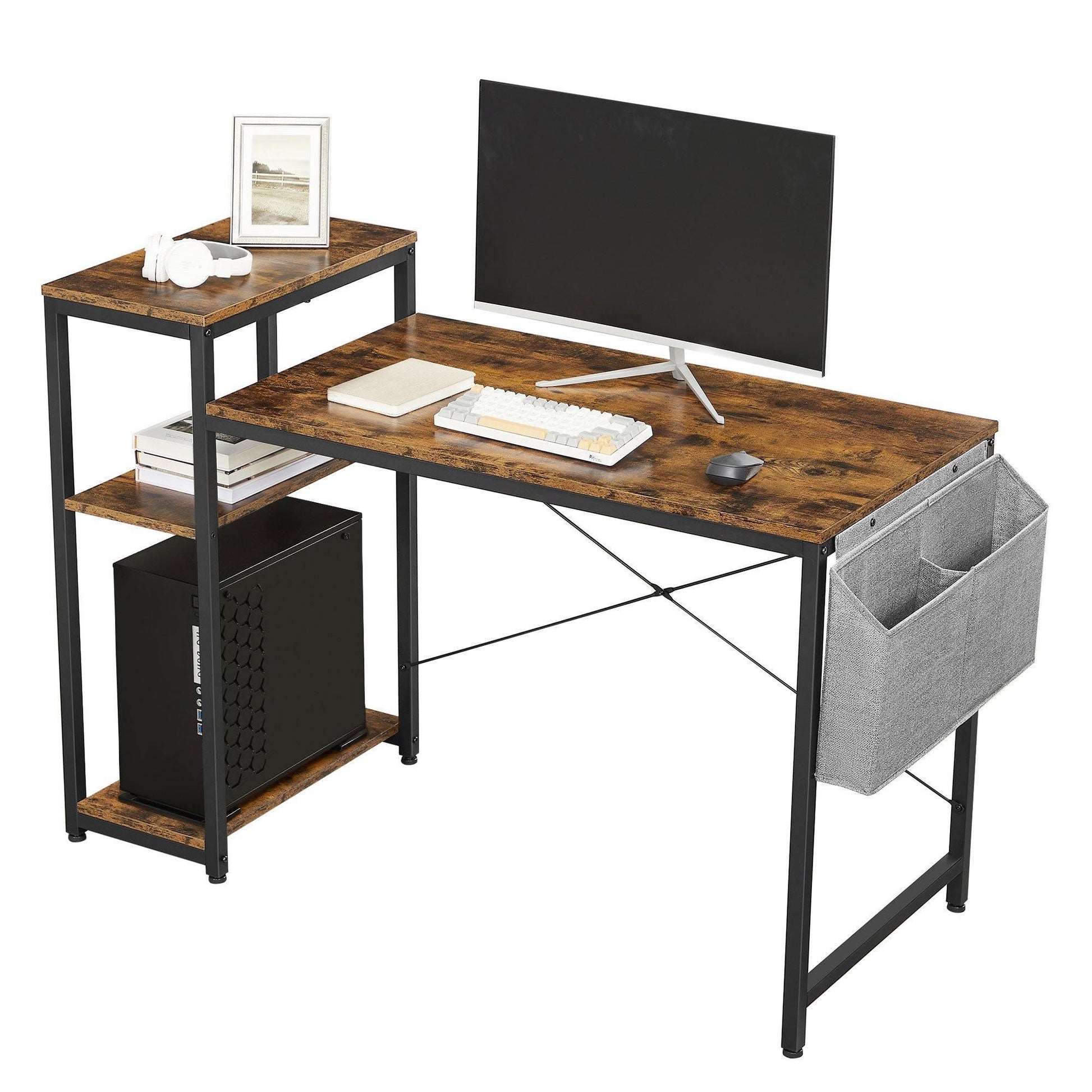Industrial Brown Computer Desk with Shelves & Storage Bag FredCo