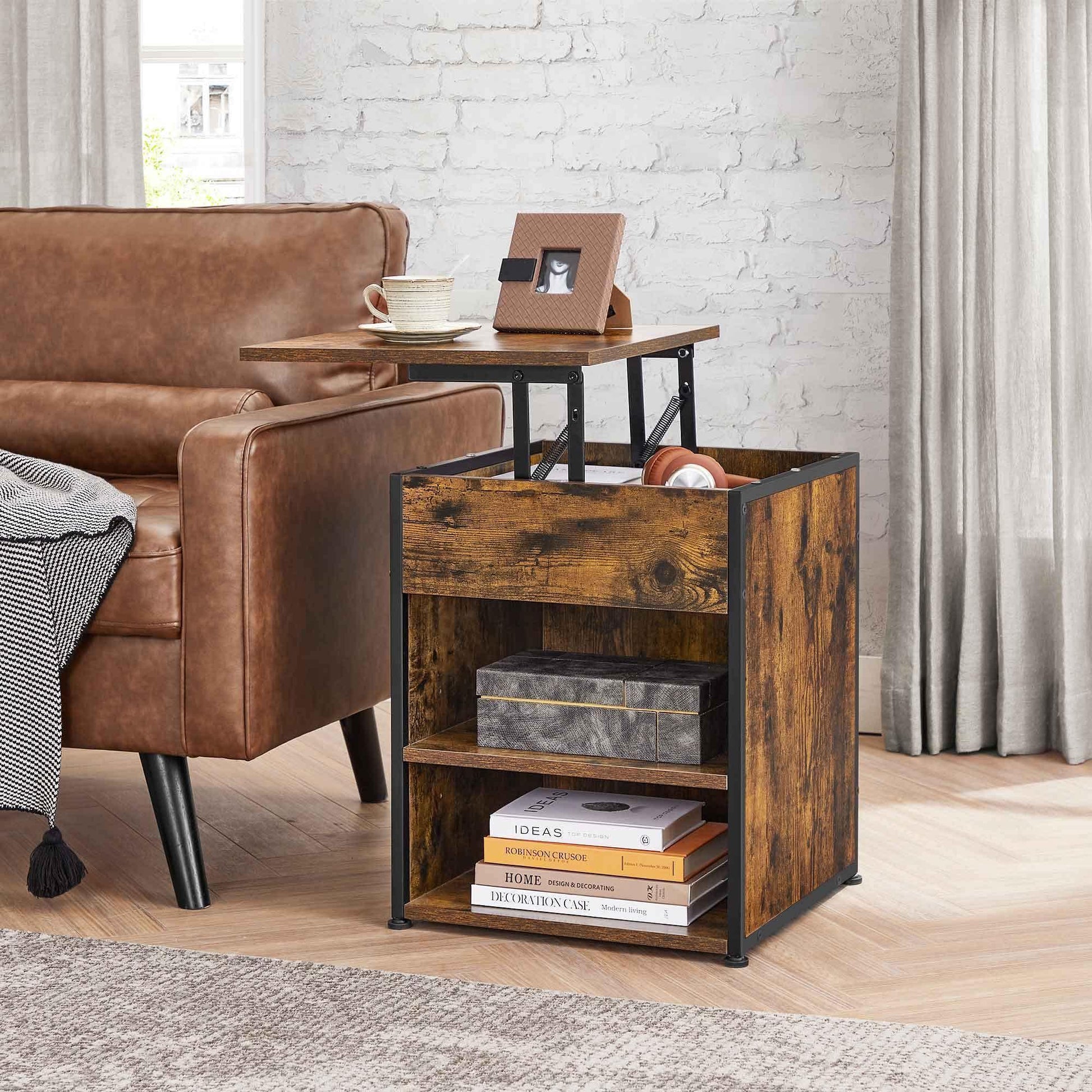 Industrial Brown Nightstand on Wheels with Lifting Top FredCo