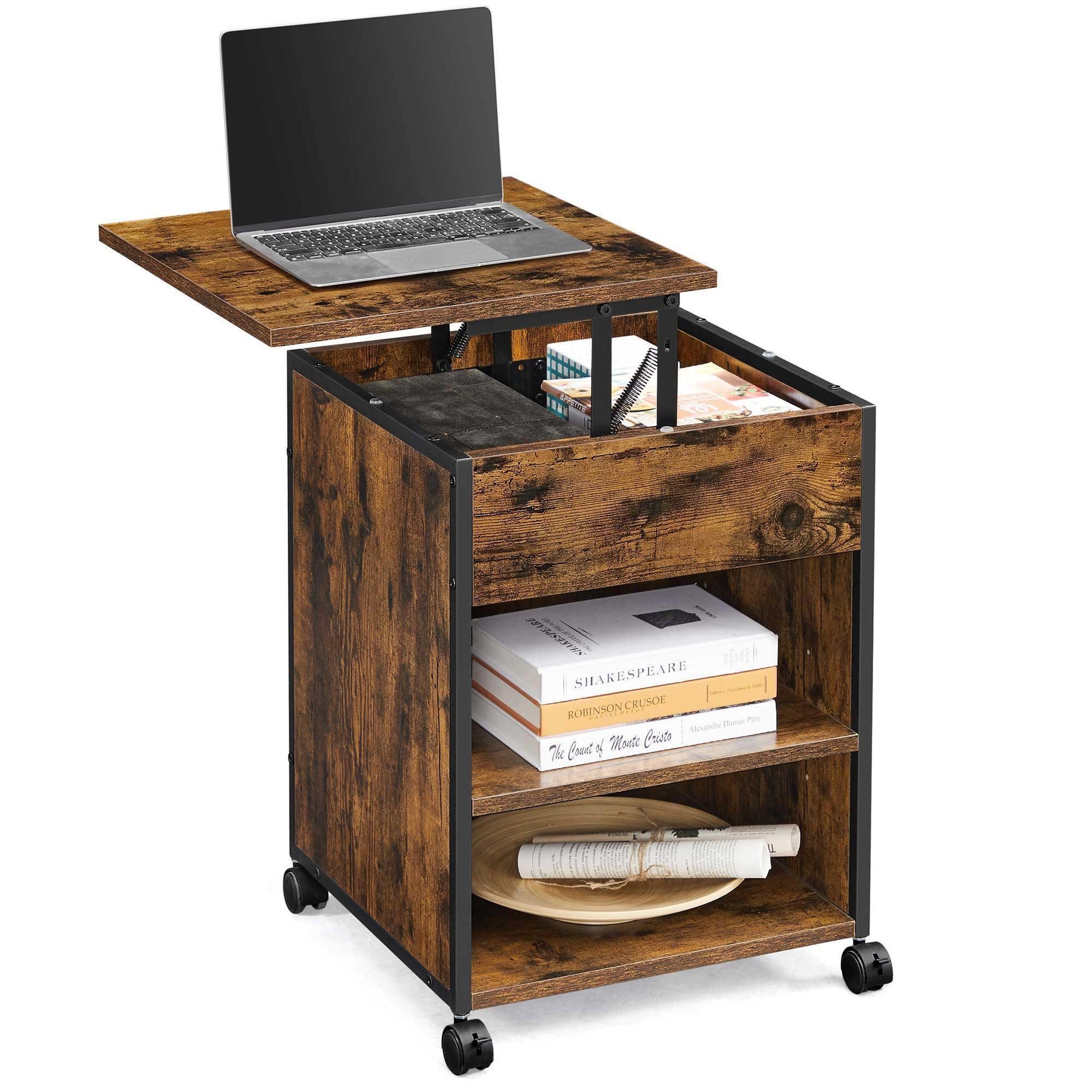 Industrial Brown Nightstand on Wheels with Lifting Top FredCo