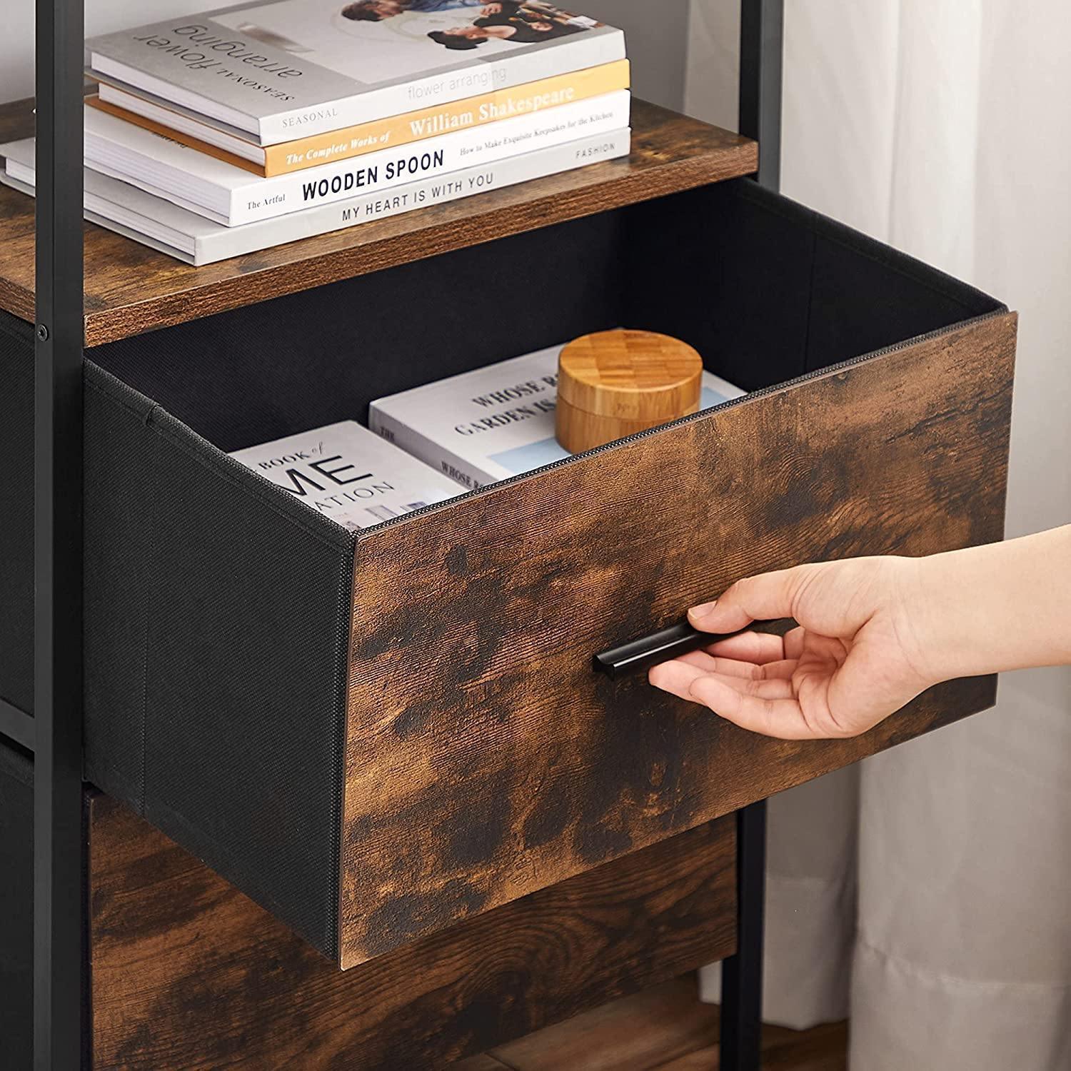 Industrial Brown Nightstand with Shelf & 2 Fabric Drawers FredCo