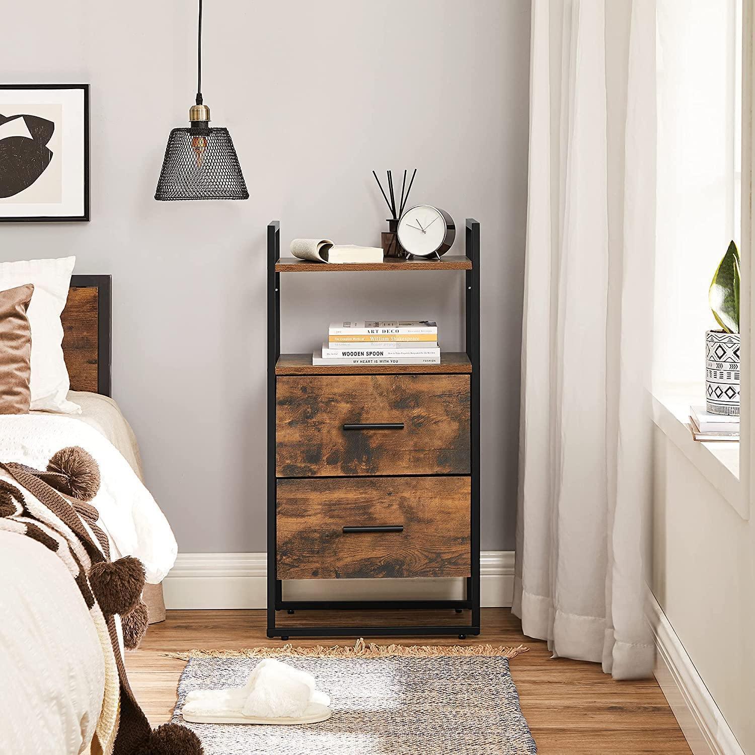 Industrial Brown Nightstand with Shelf & 2 Fabric Drawers FredCo
