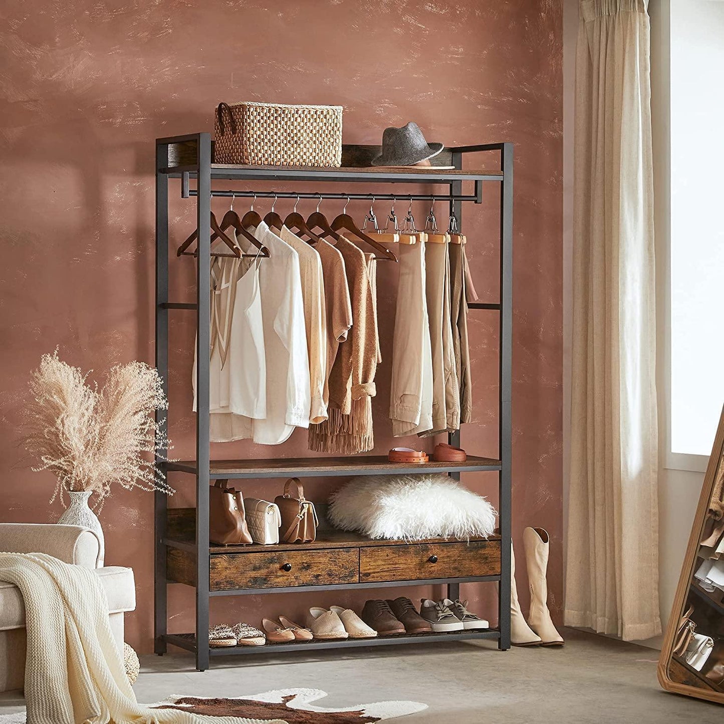 Industrial Brown Open Wardrobe with Drawers FredCo