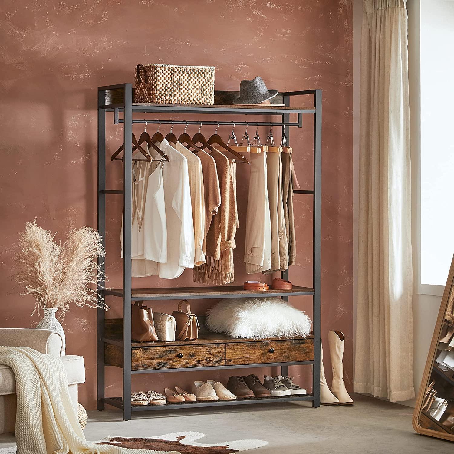 Industrial Brown Open Wardrobe with Drawers FredCo