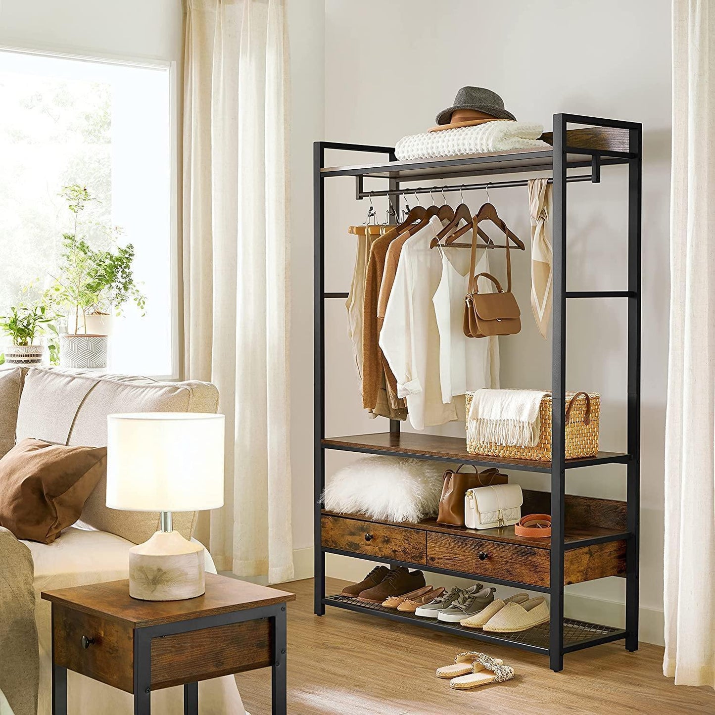 Industrial Brown Open Wardrobe with Drawers FredCo