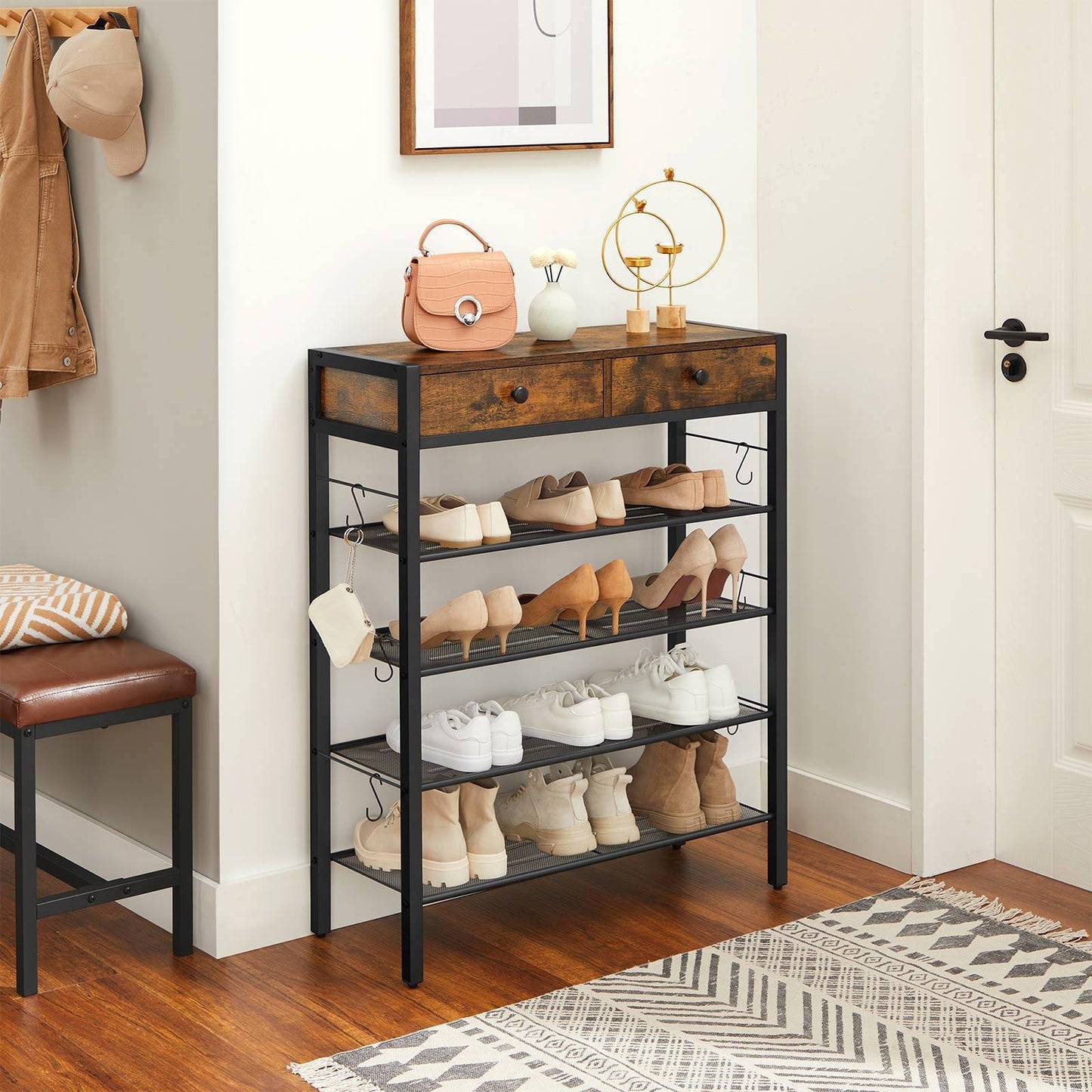 Industrial Brown Shoe Storage Rack with Drawers FredCo