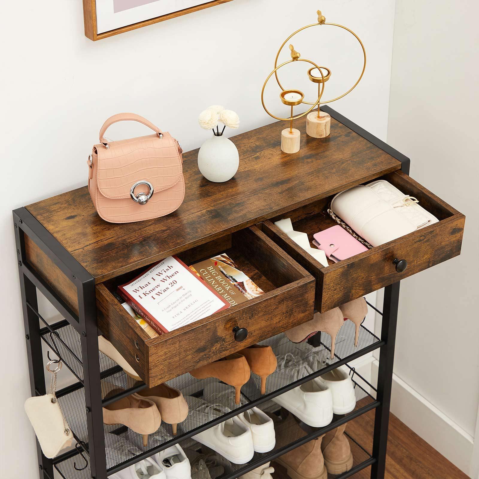 Industrial Brown Shoe Storage Rack with Drawers FredCo
