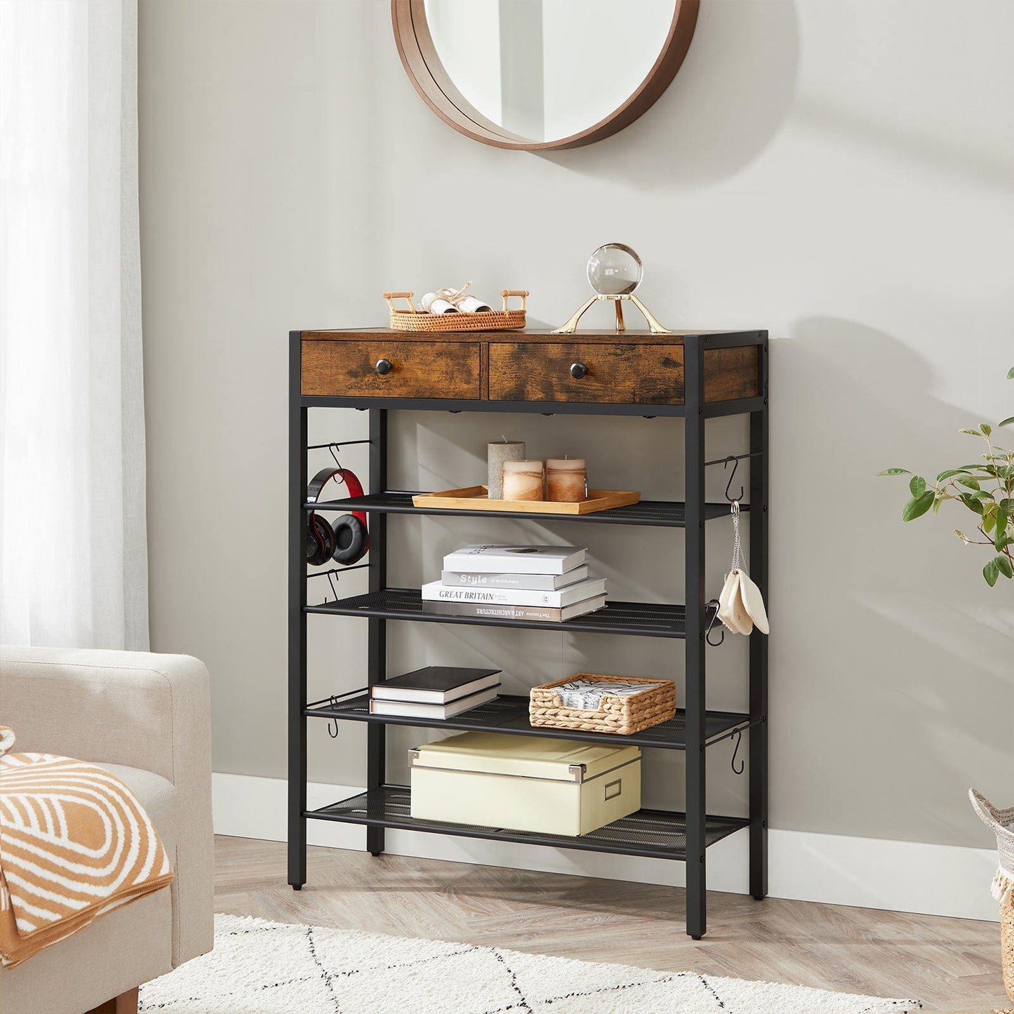 Industrial Brown Shoe Storage Rack with Drawers FredCo