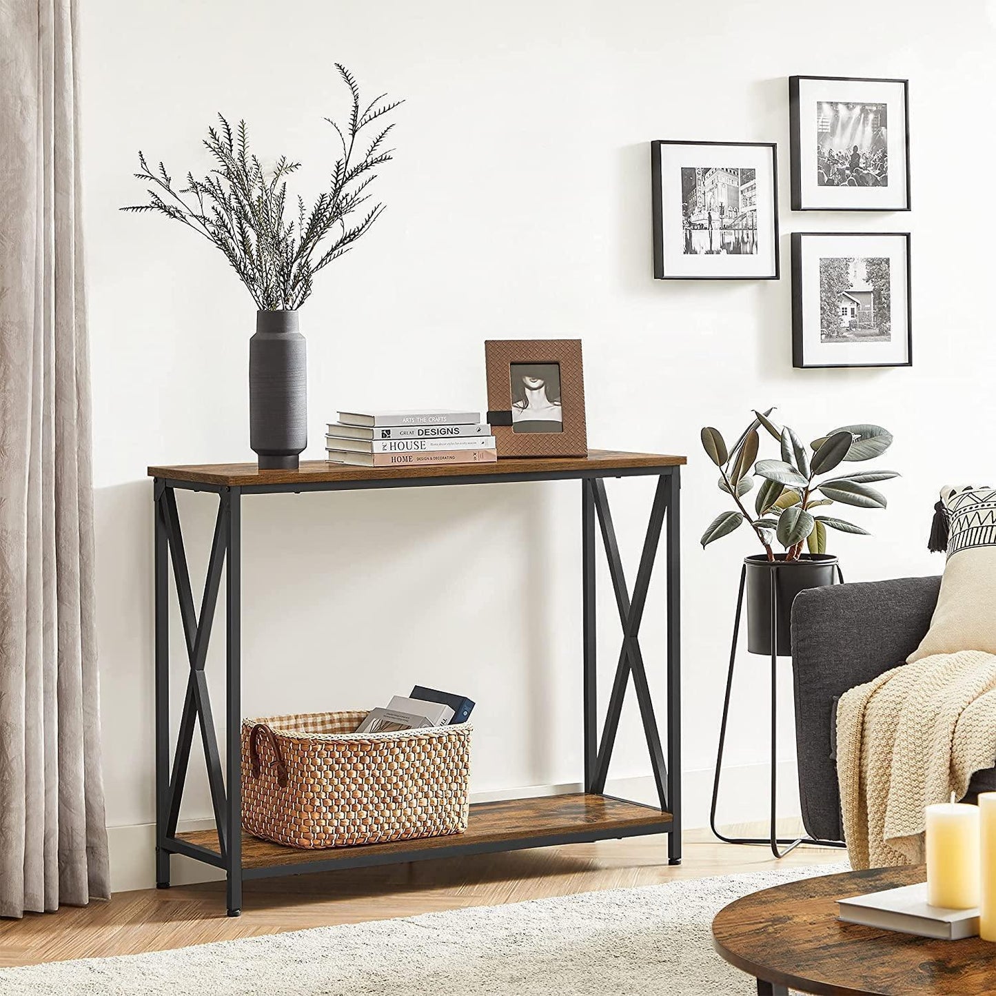 Industrial Brown Sofa Table with Metal Frame FredCo