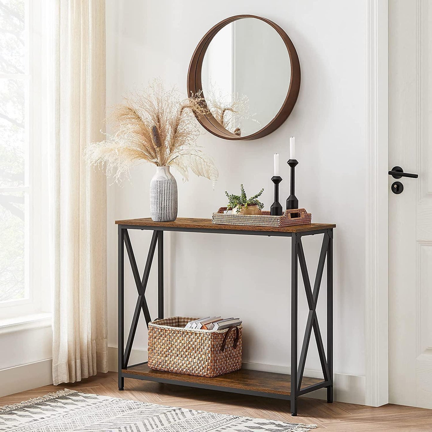 Industrial Brown Sofa Table with Metal Frame FredCo