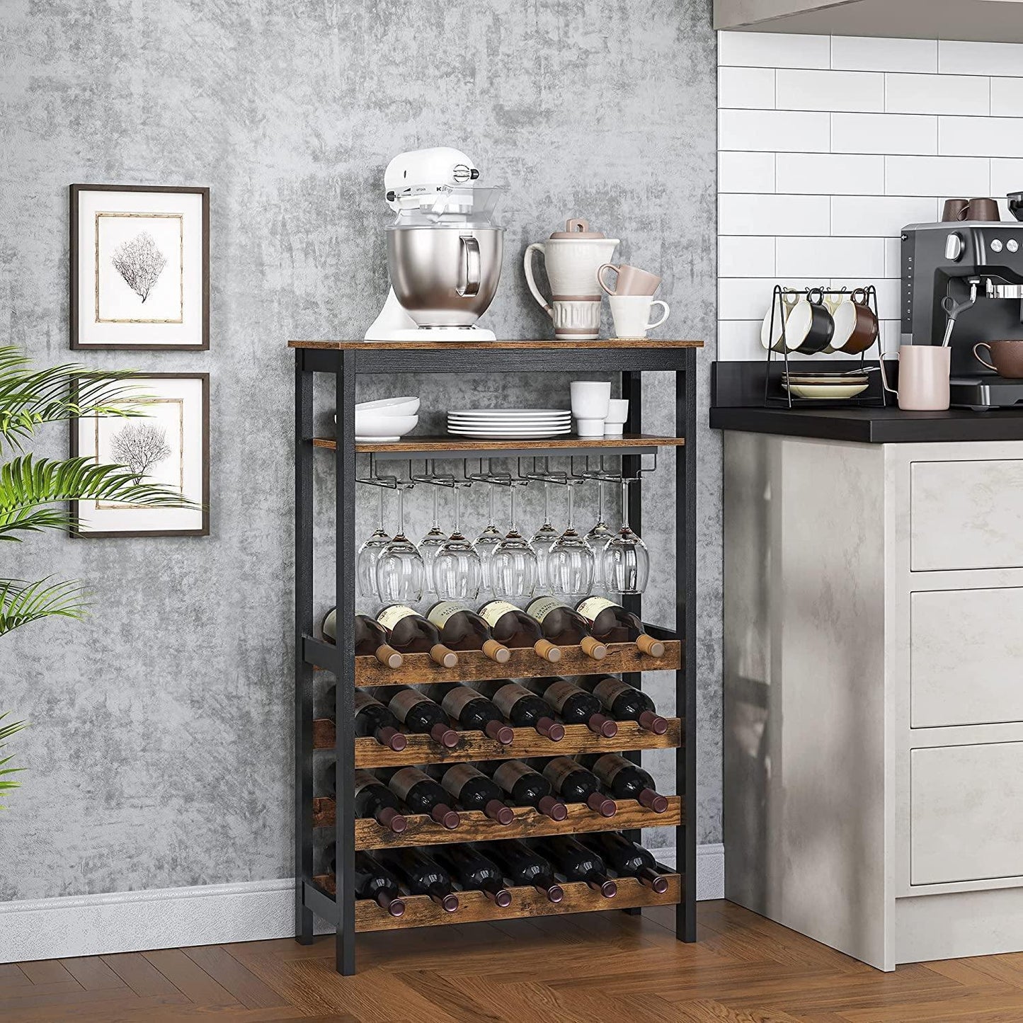 Industrial Brown Wine Rack with Glass Holder FredCo