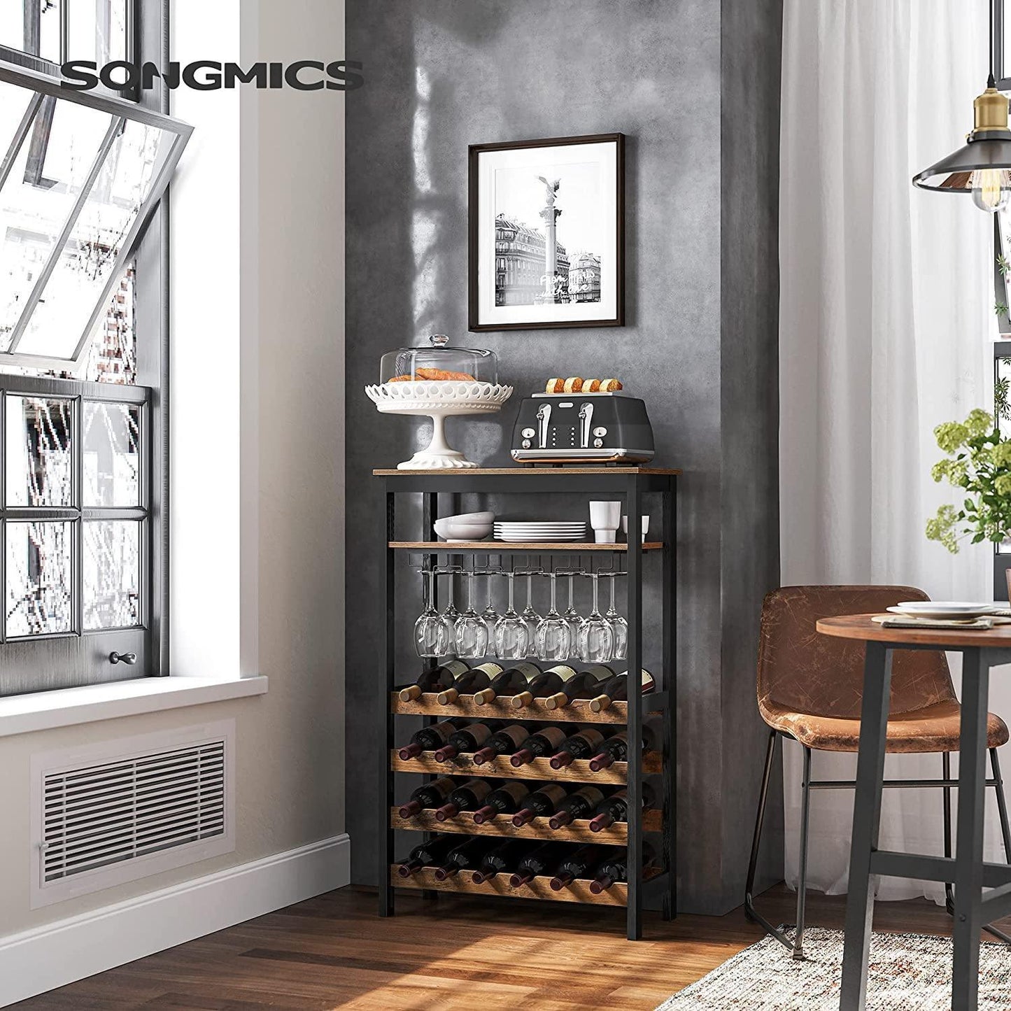 Industrial Brown Wine Rack with Glass Holder FredCo