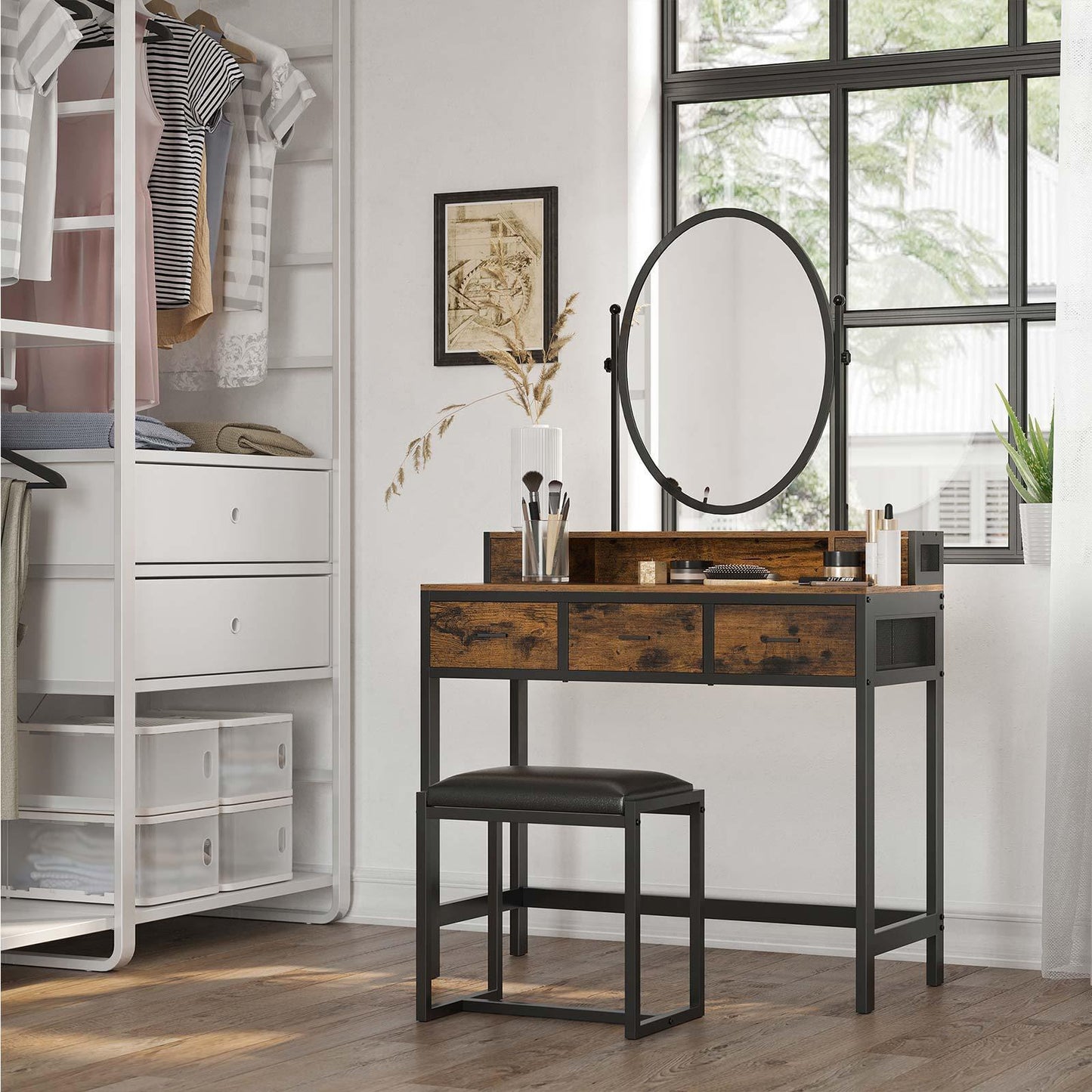 Industrial Makeup Vanity with Oval Mirror FredCo