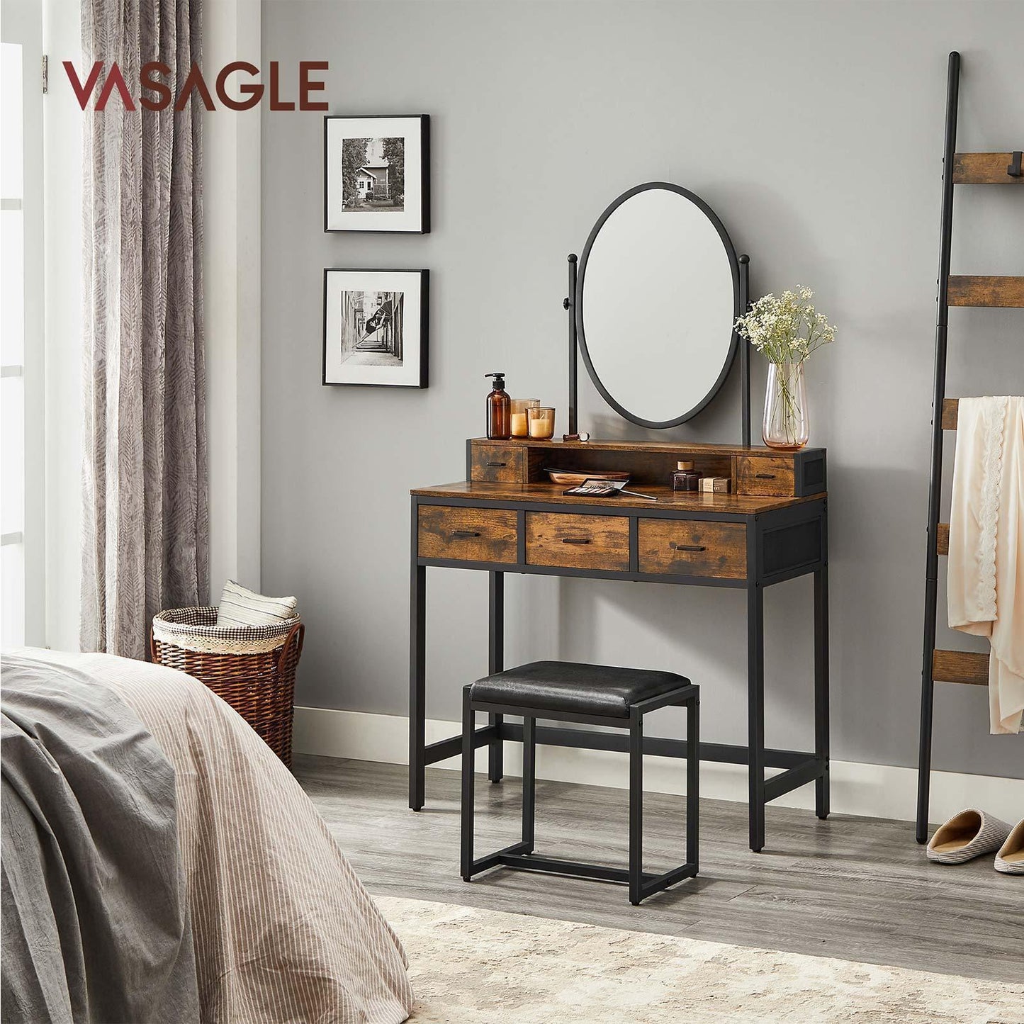 Industrial Makeup Vanity with Oval Mirror FredCo