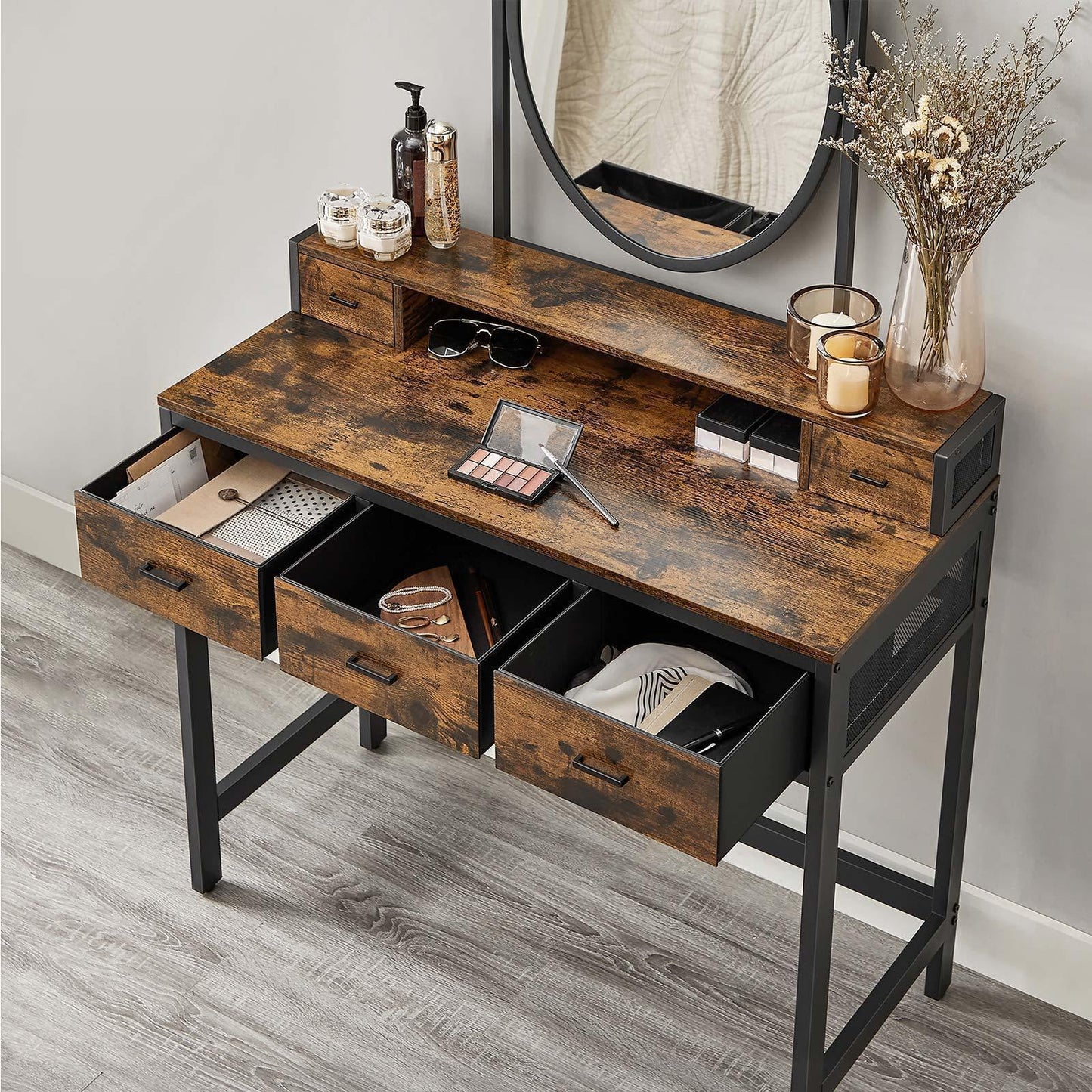Industrial Makeup Vanity with Oval Mirror FredCo
