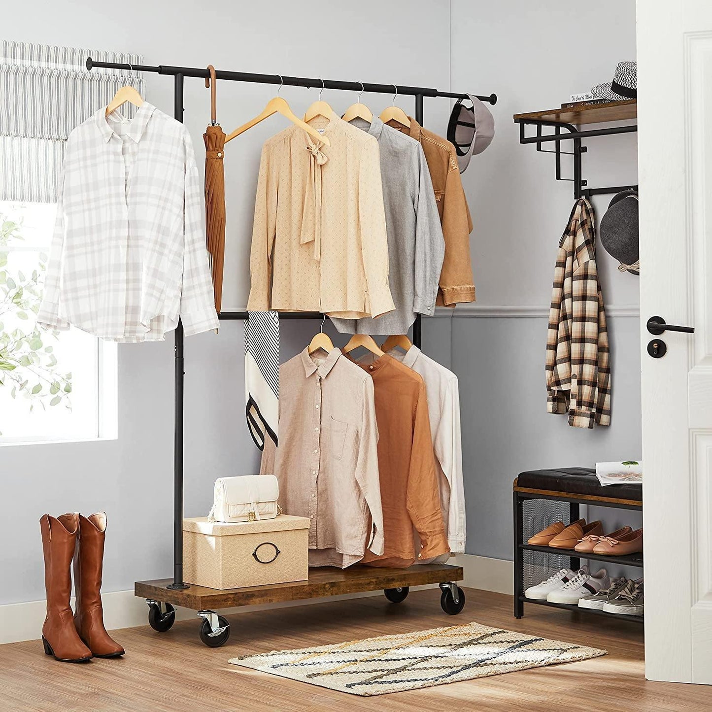 Industrial Rustic Brown Garment Rack on Wheels FredCo