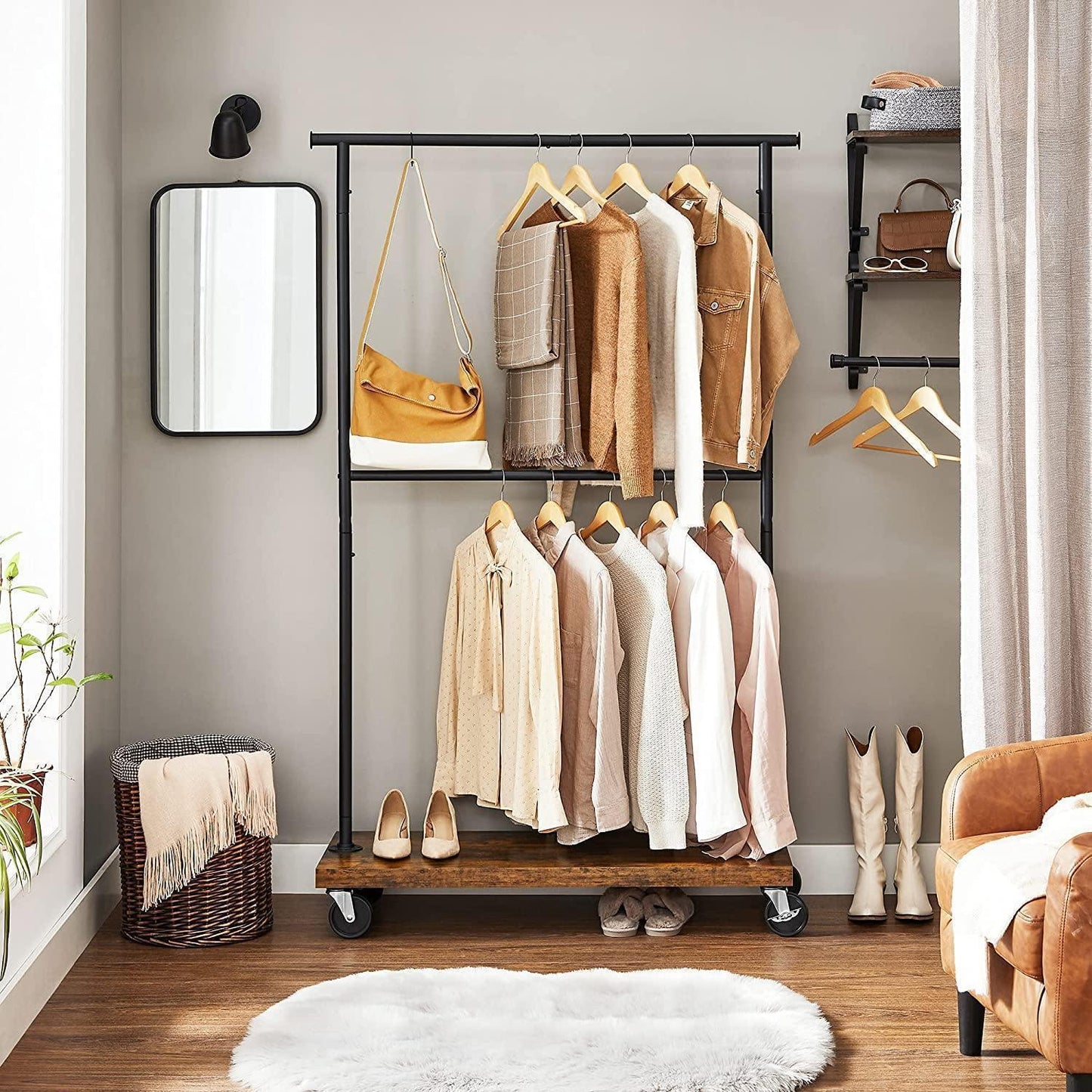 Industrial Rustic Brown Garment Rack on Wheels FredCo