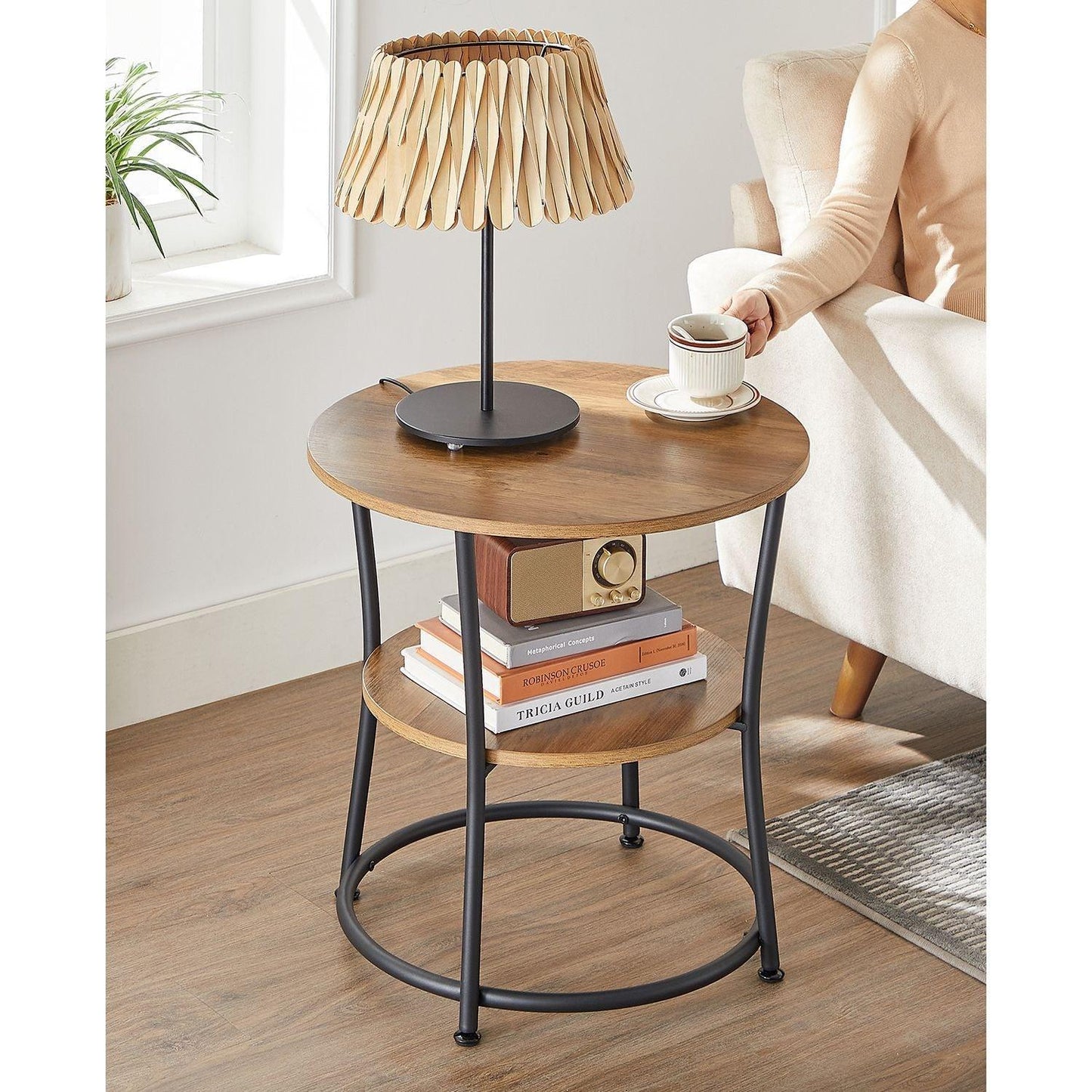 Industrial Side Table Round Walnut and Black FredCo