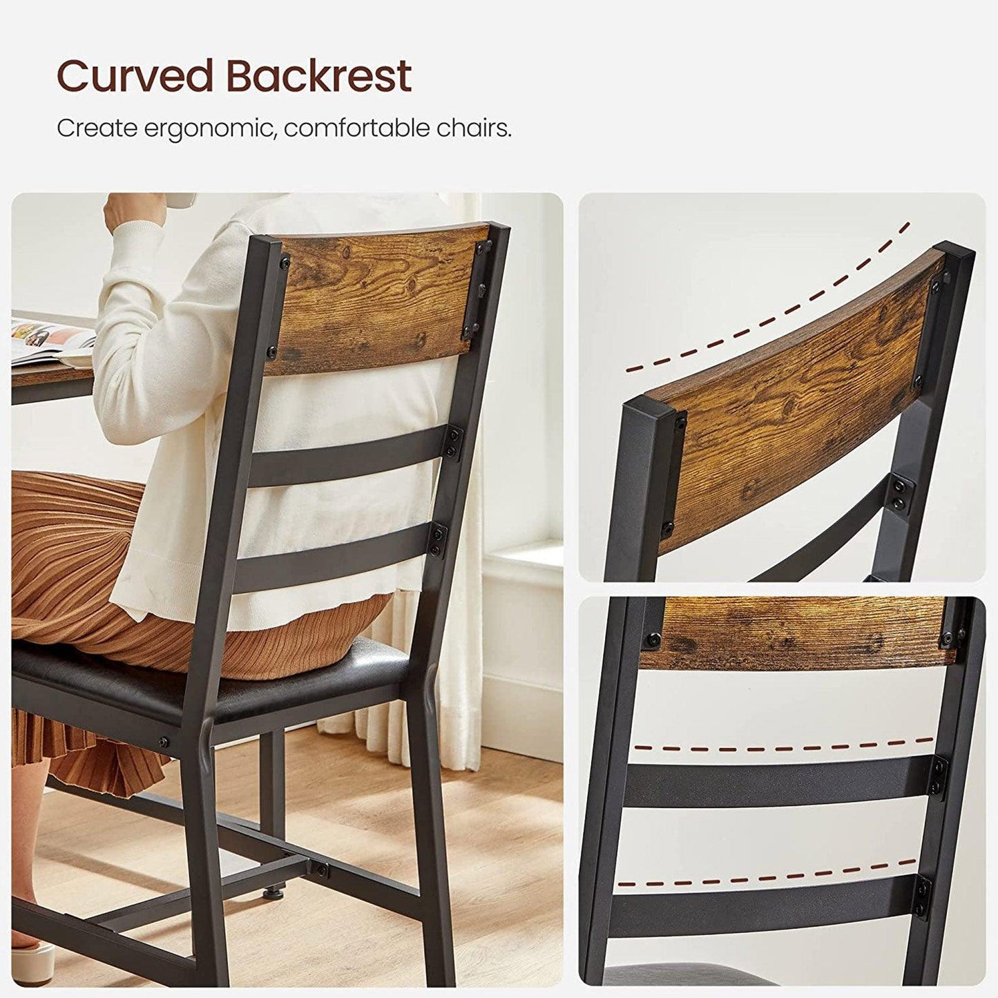 Industrial Upholstered Dining Chairs Set with Backrest Brown and Black FredCo