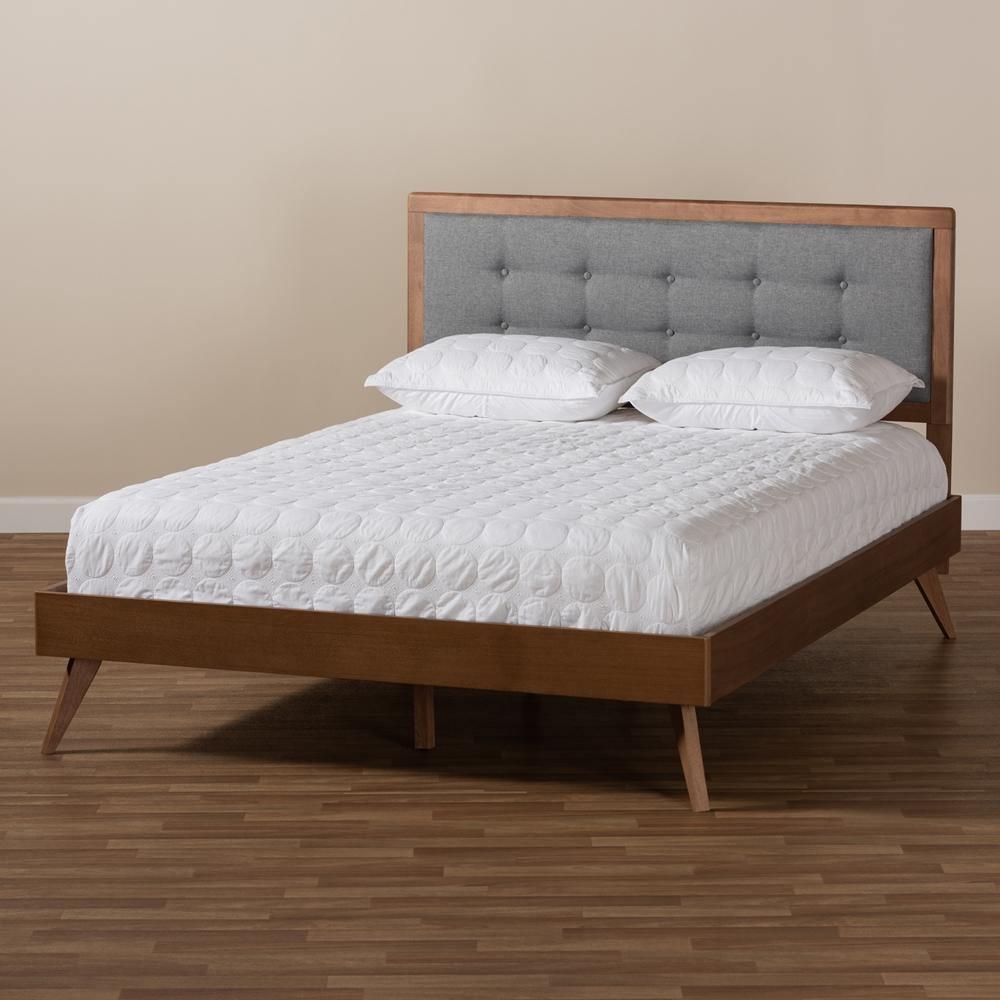 Ines Mid-Century Modern Dark Grey Fabric Upholstered Walnut Brown Finished Wood Queen Size Platform Bed FredCo