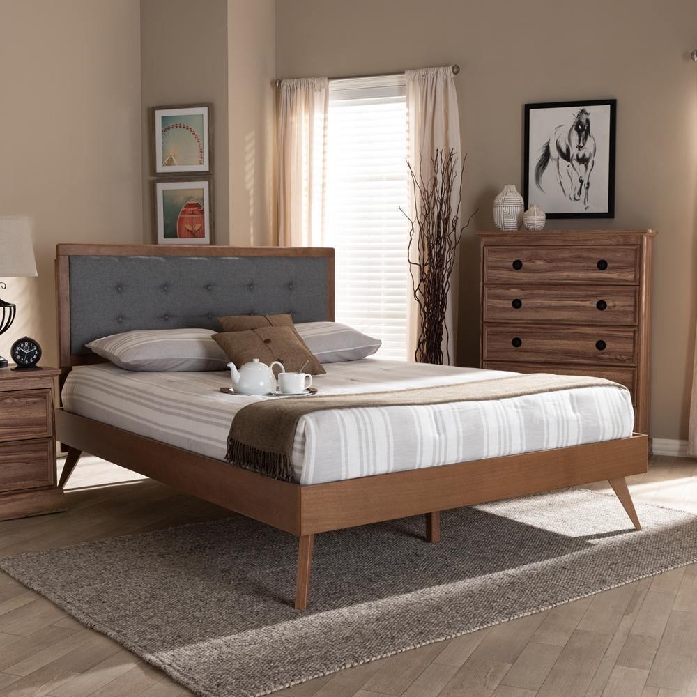 Ines Mid-Century Modern Dark Grey Fabric Upholstered Walnut Brown Finished Wood Queen Size Platform Bed FredCo