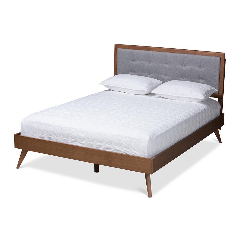 Ines Mid-Century Modern Light Grey Fabric Upholstered Walnut Brown Finished Wood King Size Platform Bed FredCo