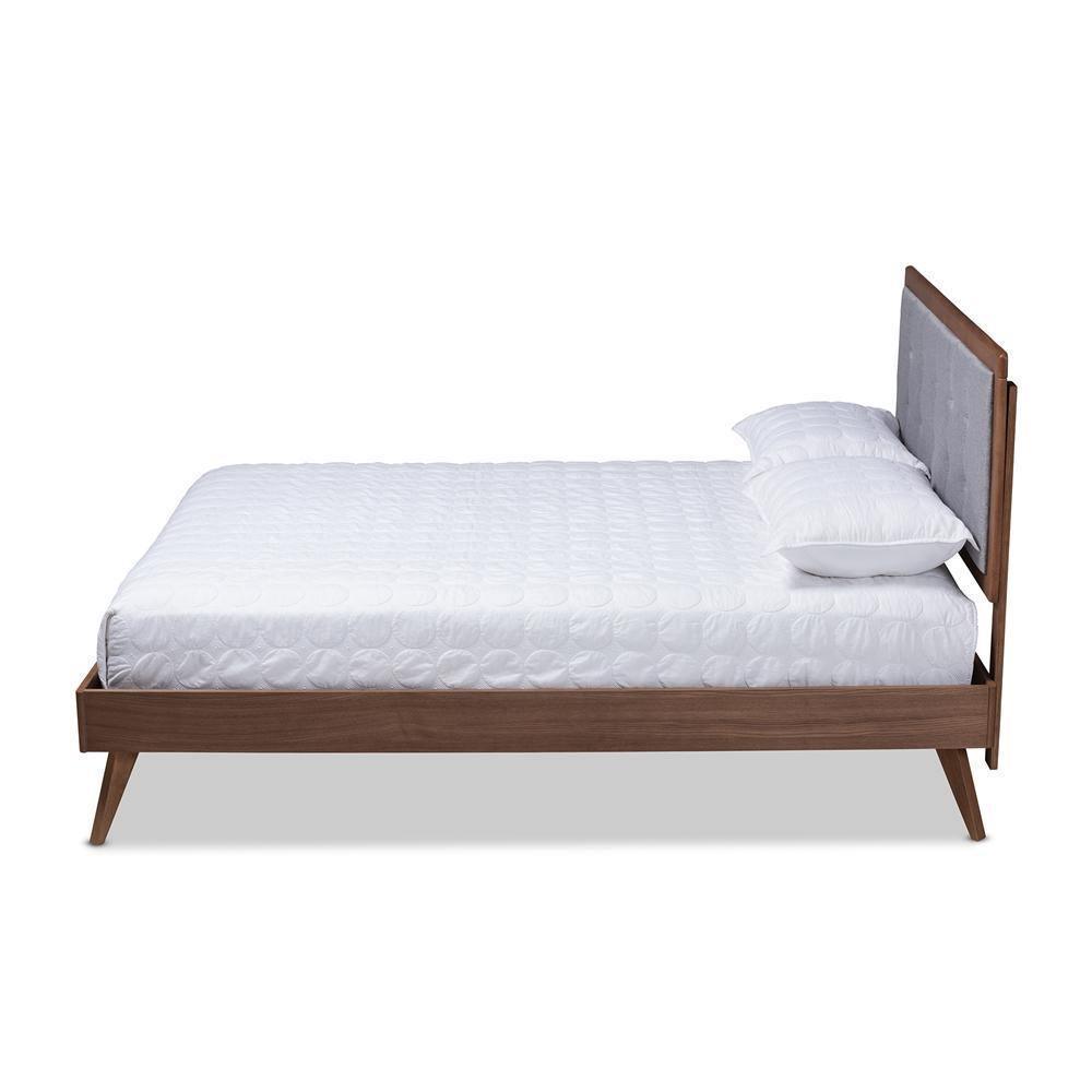 Ines Mid-Century Modern Light Grey Fabric Upholstered Walnut Brown Finished Wood King Size Platform Bed FredCo