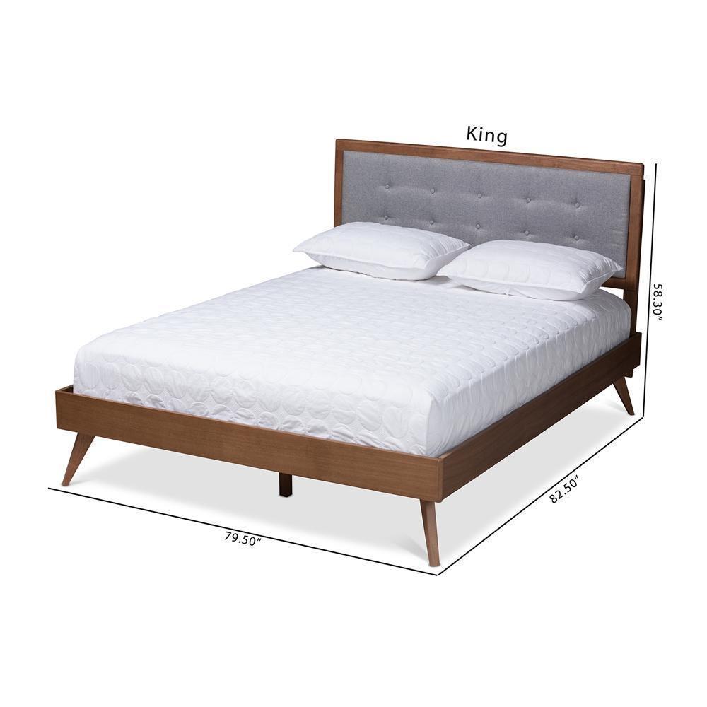 Ines Mid-Century Modern Light Grey Fabric Upholstered Walnut Brown Finished Wood Queen Size Platform Bed FredCo