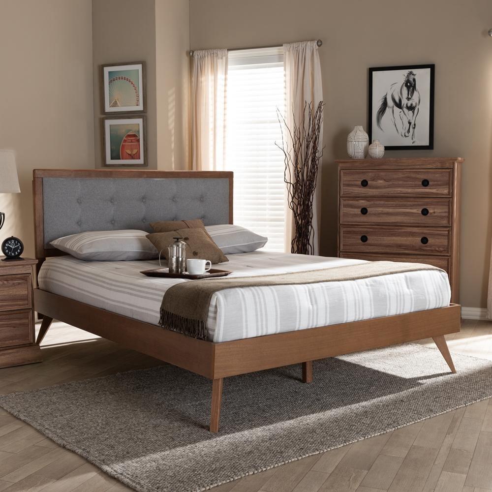 Ines Mid-Century Modern Light Grey Fabric Upholstered Walnut Brown Finished Wood Queen Size Platform Bed FredCo