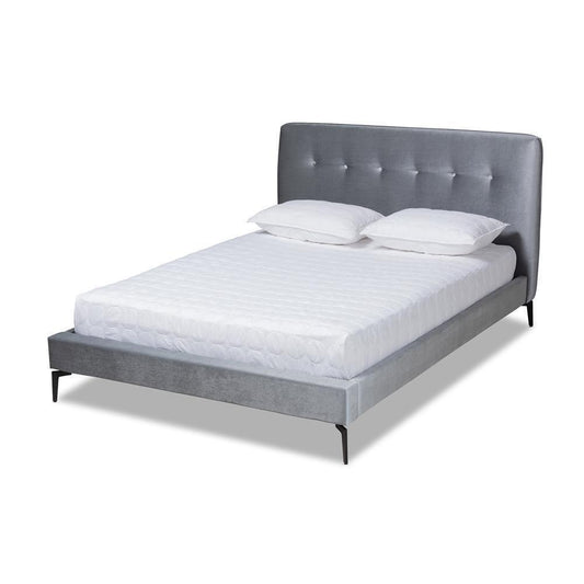 Ingrid Glam and Luxe Silver Grey Velvet Fabric Upholstered King Size Platform Bed FredCo